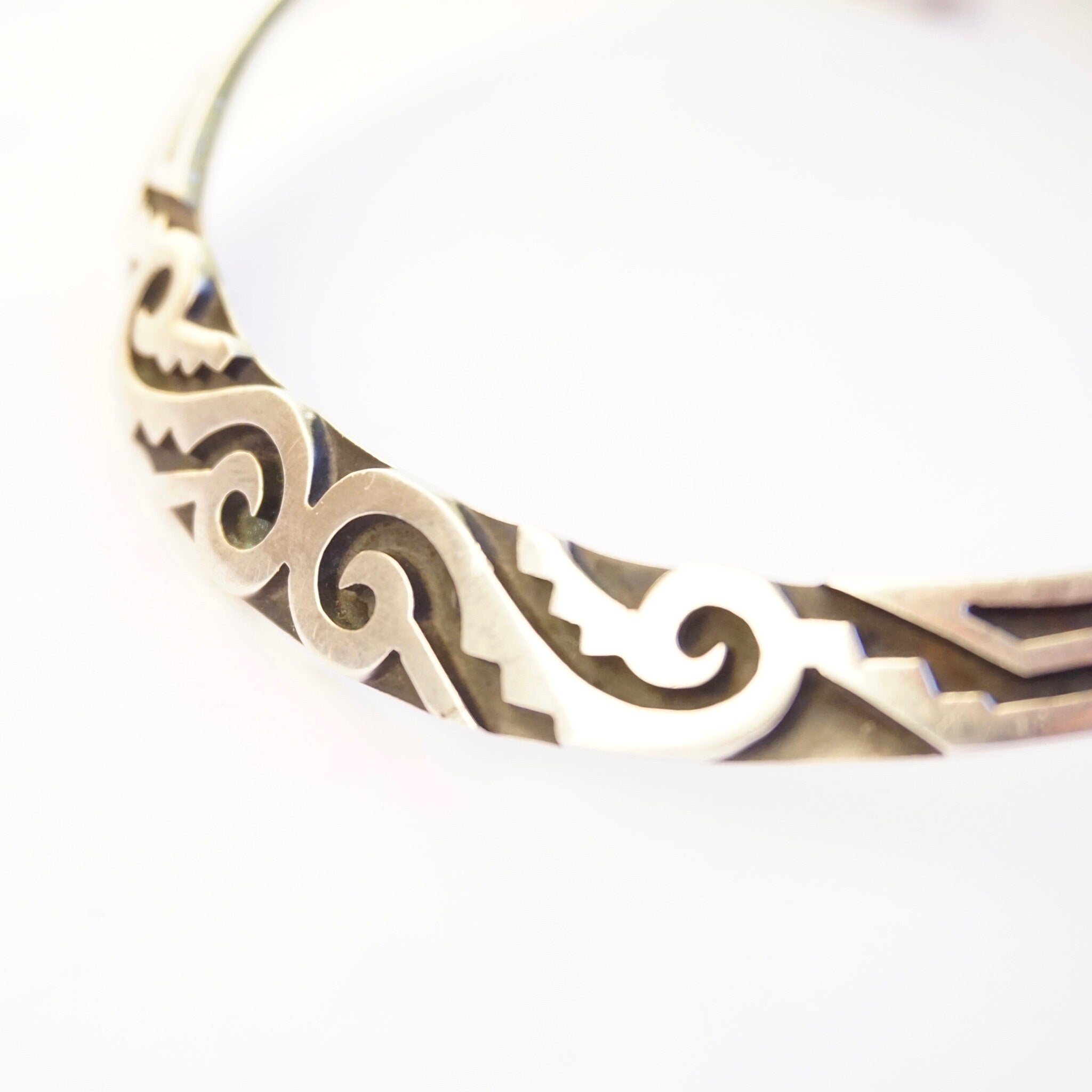 Vintage Sterling Silver Aztec Collar Necklace, Abstract Engraved Silver Choker, Tribal Style Sterling Silver Collar, Statement Piece Choker