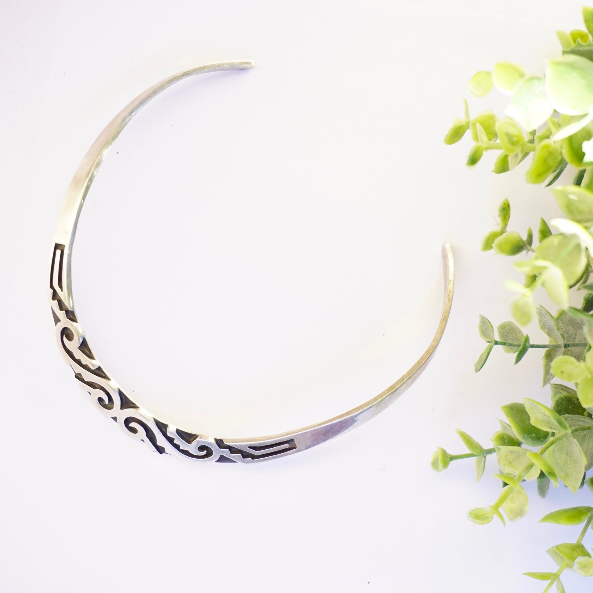 Vintage Sterling Silver Aztec Collar Necklace, Abstract Engraved Silver Choker, Tribal Style Sterling Silver Collar, Statement Piece Choker