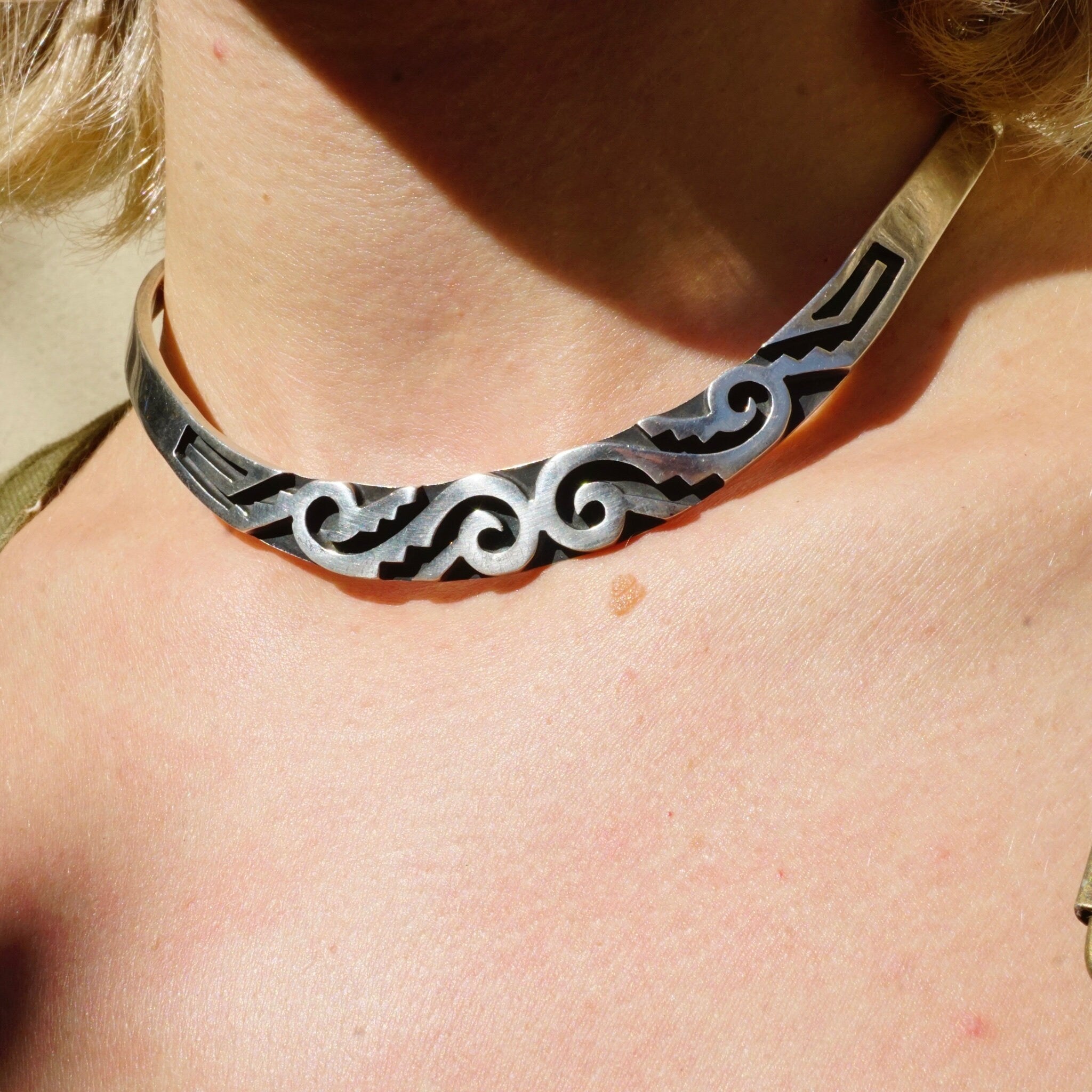Vintage Sterling Silver Aztec Collar Necklace, Abstract Engraved Silver Choker, Tribal Style Sterling Silver Collar, Statement Piece Choker