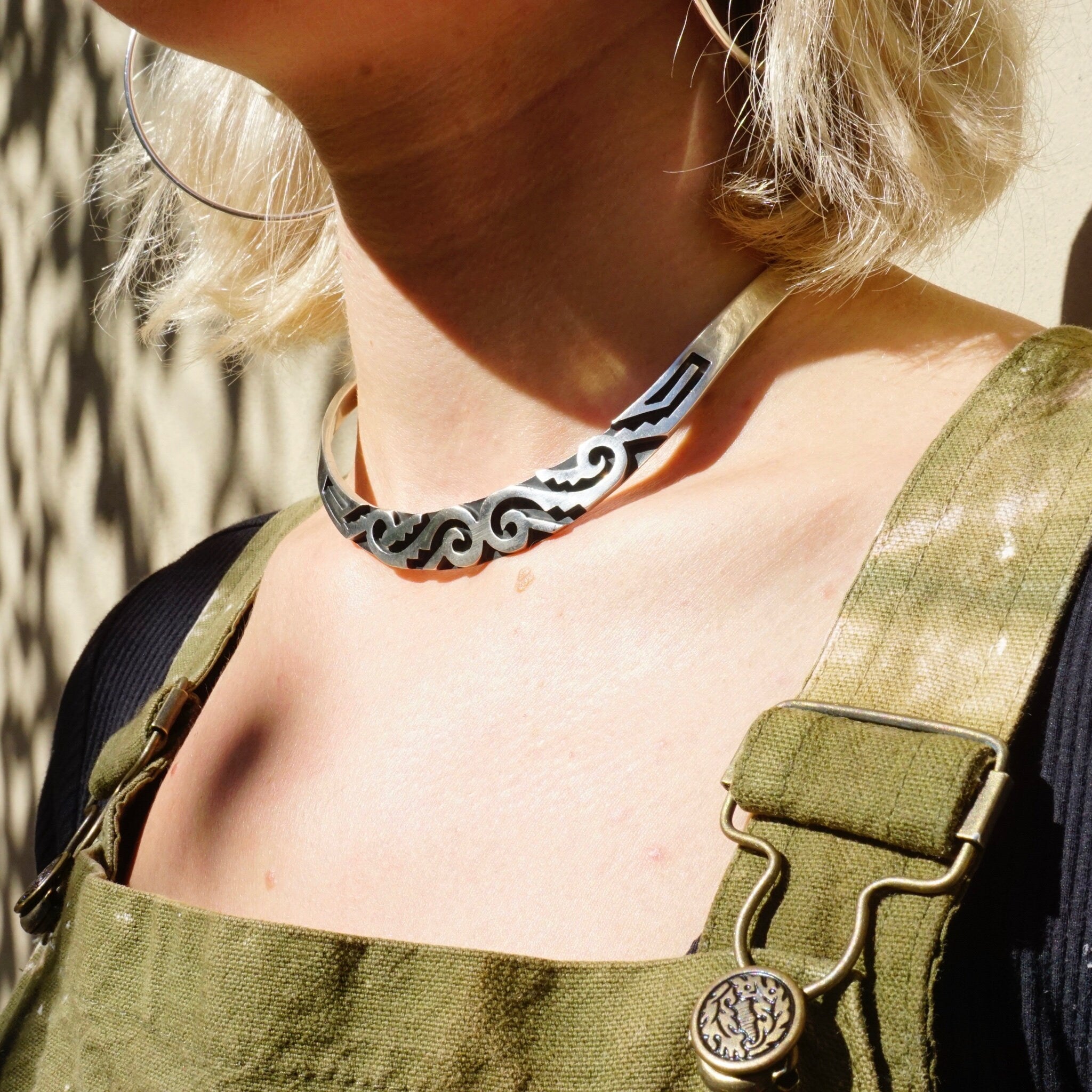Vintage Sterling Silver Aztec Collar Necklace, Abstract Engraved Silver Choker, Tribal Style Sterling Silver Collar, Statement Piece Choker