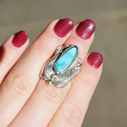 Vintage Turquoise Sterling Silver Feather Ring, Native American Turquoise Ring With Silver Embellishments, Light Blue Turquoise Ring