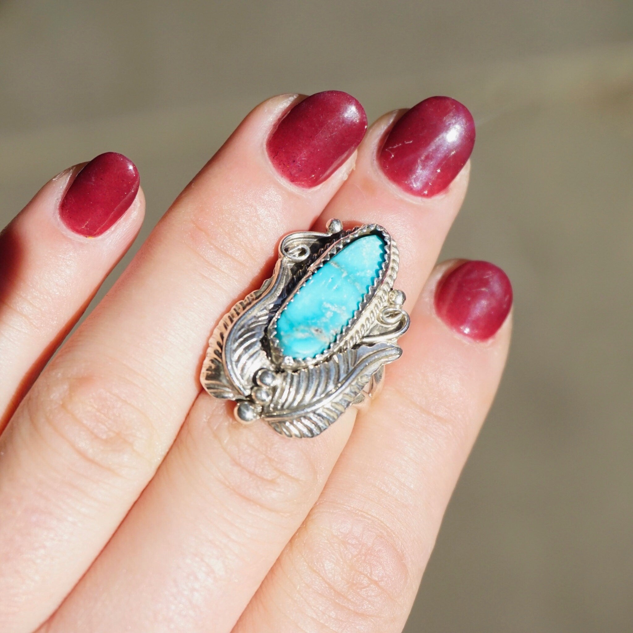 Vintage Turquoise Sterling Silver Feather Ring, Native American Turquoise Ring With Silver Embellishments, Light Blue Turquoise Ring