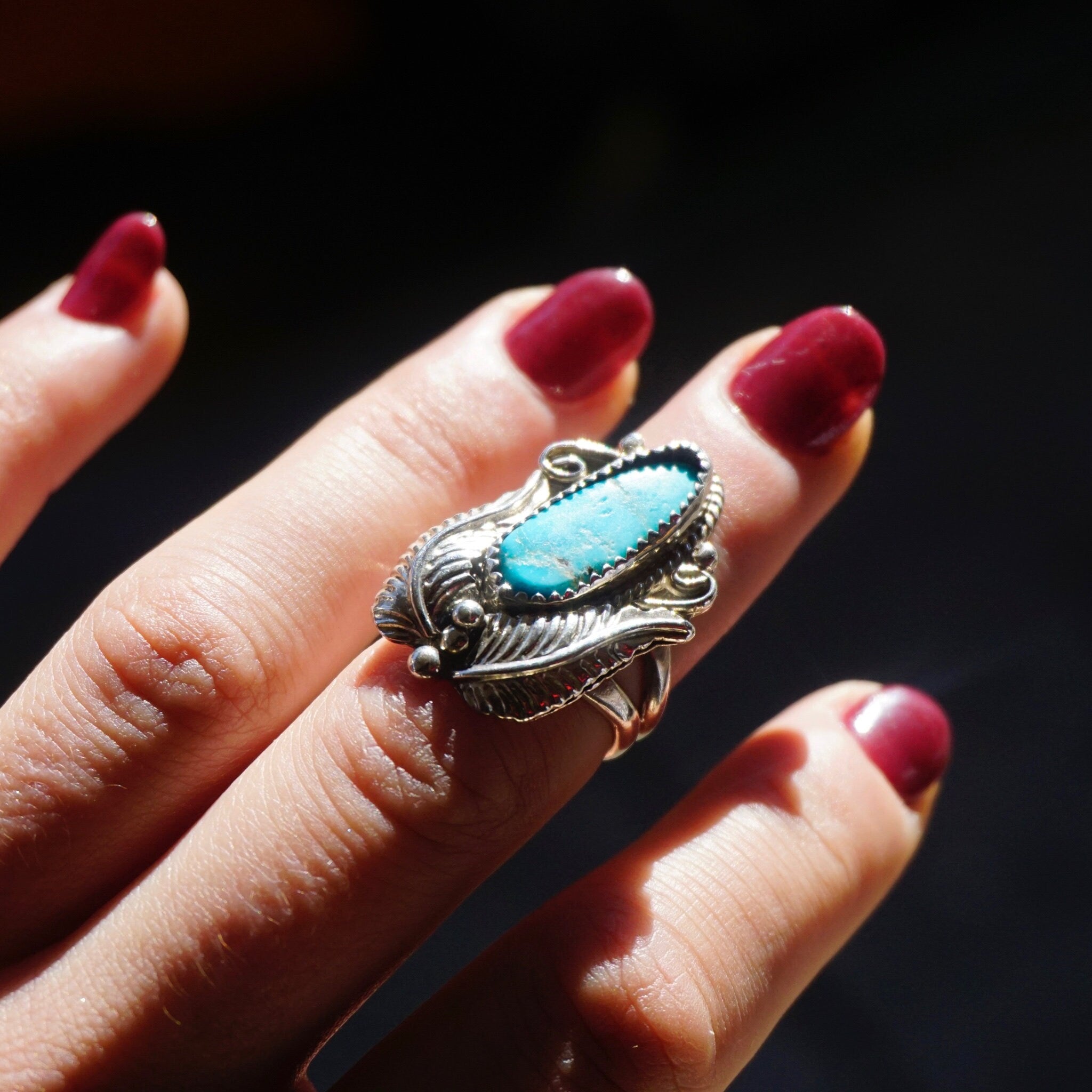 Vintage Turquoise Sterling Silver Feather Ring, Native American Turquoise Ring With Silver Embellishments, Light Blue Turquoise Ring