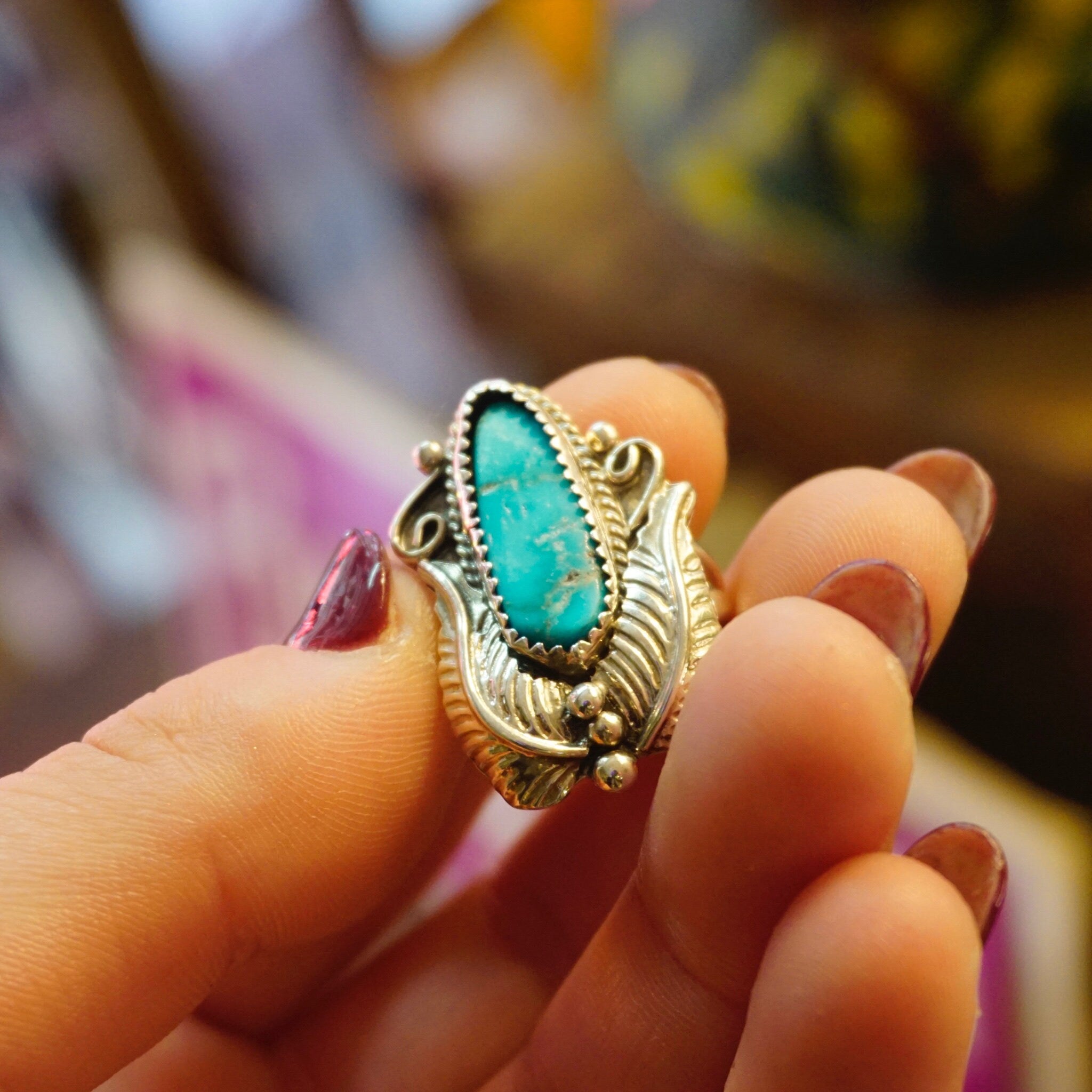 Vintage Turquoise Sterling Silver Feather Ring, Native American Turquoise Ring With Silver Embellishments, Light Blue Turquoise Ring