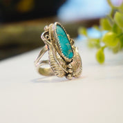 Vintage Turquoise Sterling Silver Feather Ring, Native American Turquoise Ring With Silver Embellishments, Light Blue Turquoise Ring