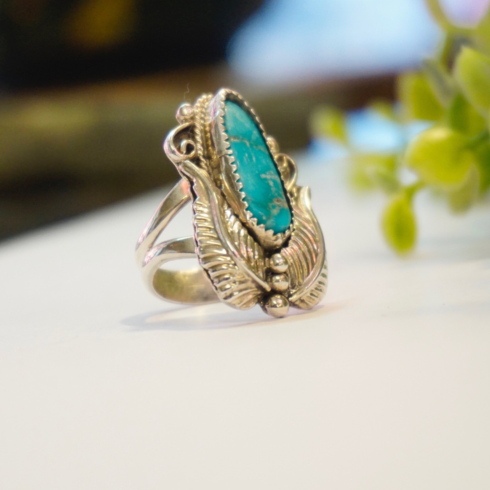 Vintage Turquoise Sterling Silver Feather Ring, Native American Turquoise Ring With Silver Embellishments, Light Blue Turquoise Ring