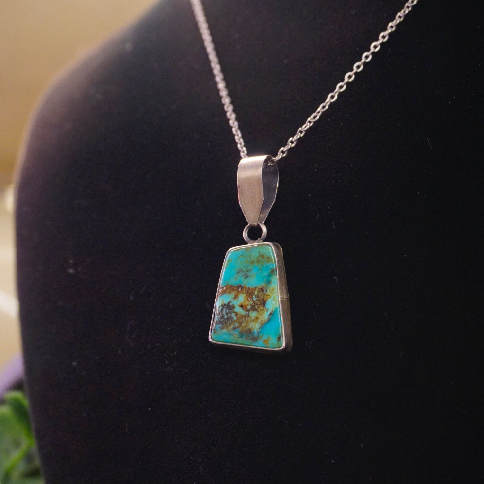 Vintage Sterling Silver Turquoise Necklace, Turquoise Pendant With Silver Link Chain, Natural Turquoise Necklace, 925 Jewelry
