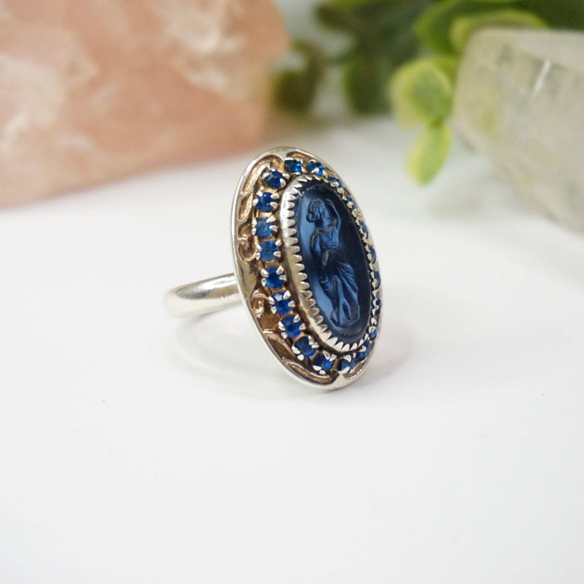 Vintage Sterling Silver Cameo Ring With Blue Stones, Unique Blue Cameo With Silver Setting and Sapphire Stones, 925 Jewelry