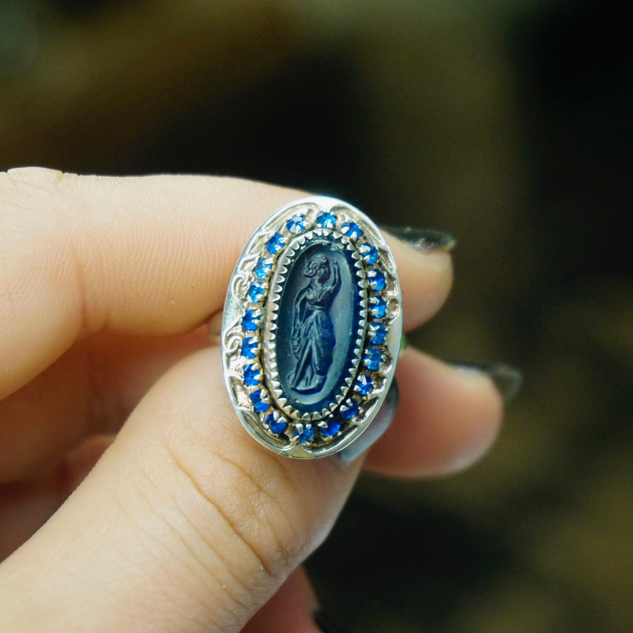 Vintage Sterling Silver Cameo Ring With Blue Stones, Unique Blue Cameo With Silver Setting and Sapphire Stones, 925 Jewelry