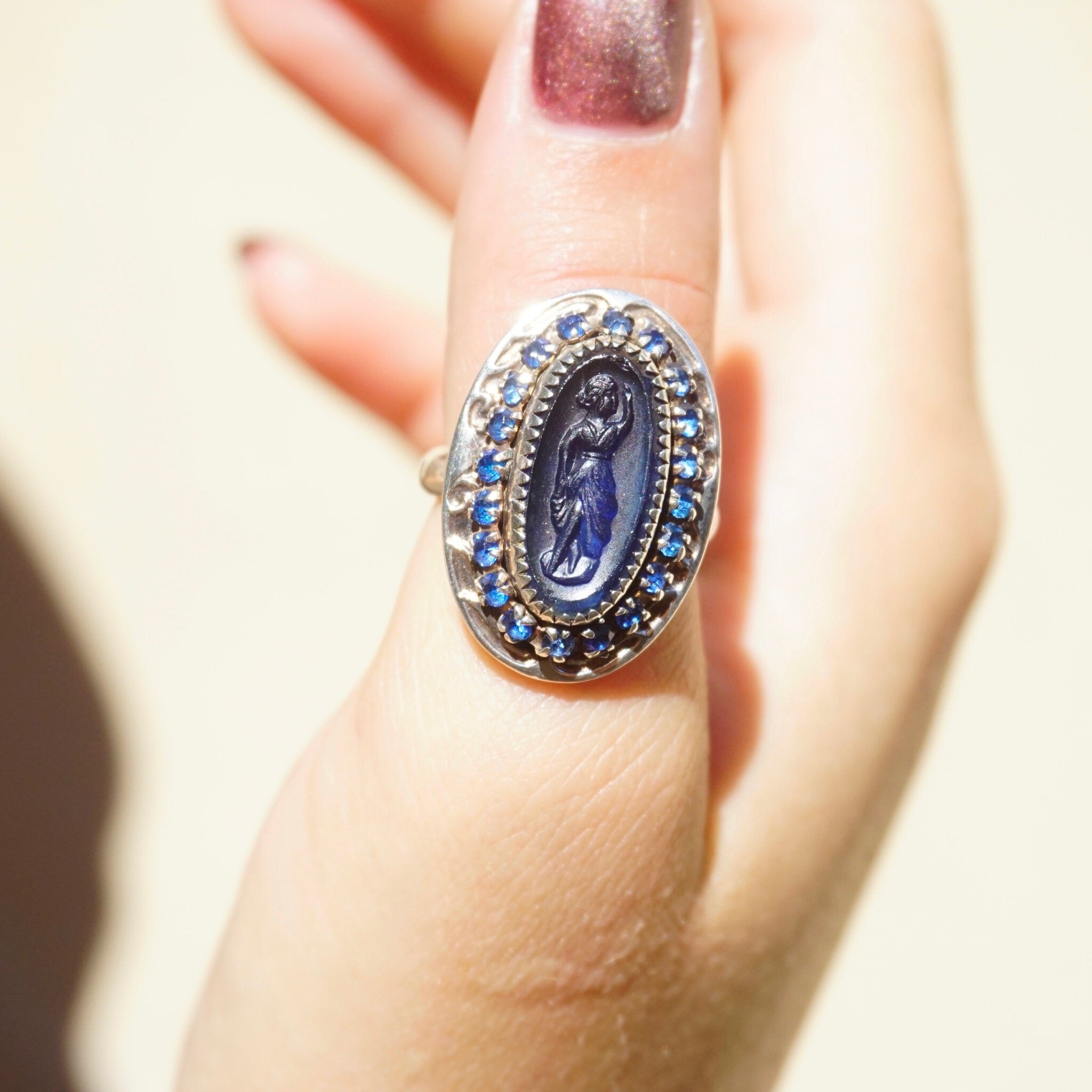 Vintage Sterling Silver Cameo Ring With Blue Stones, Unique Blue Cameo With Silver Setting and Sapphire Stones, 925 Jewelry