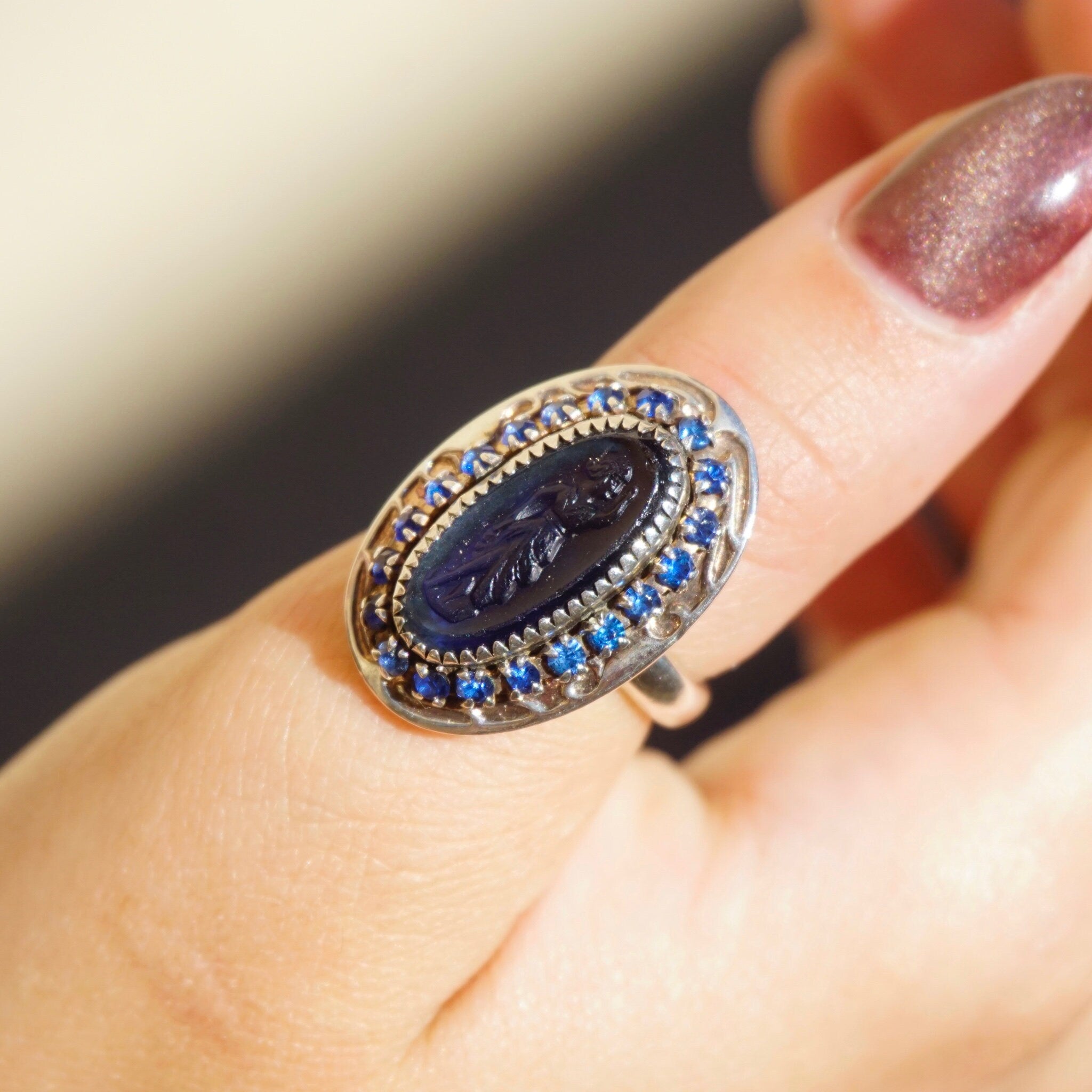 Vintage Sterling Silver Cameo Ring With Blue Stones, Unique Blue Cameo With Silver Setting and Sapphire Stones, 925 Jewelry