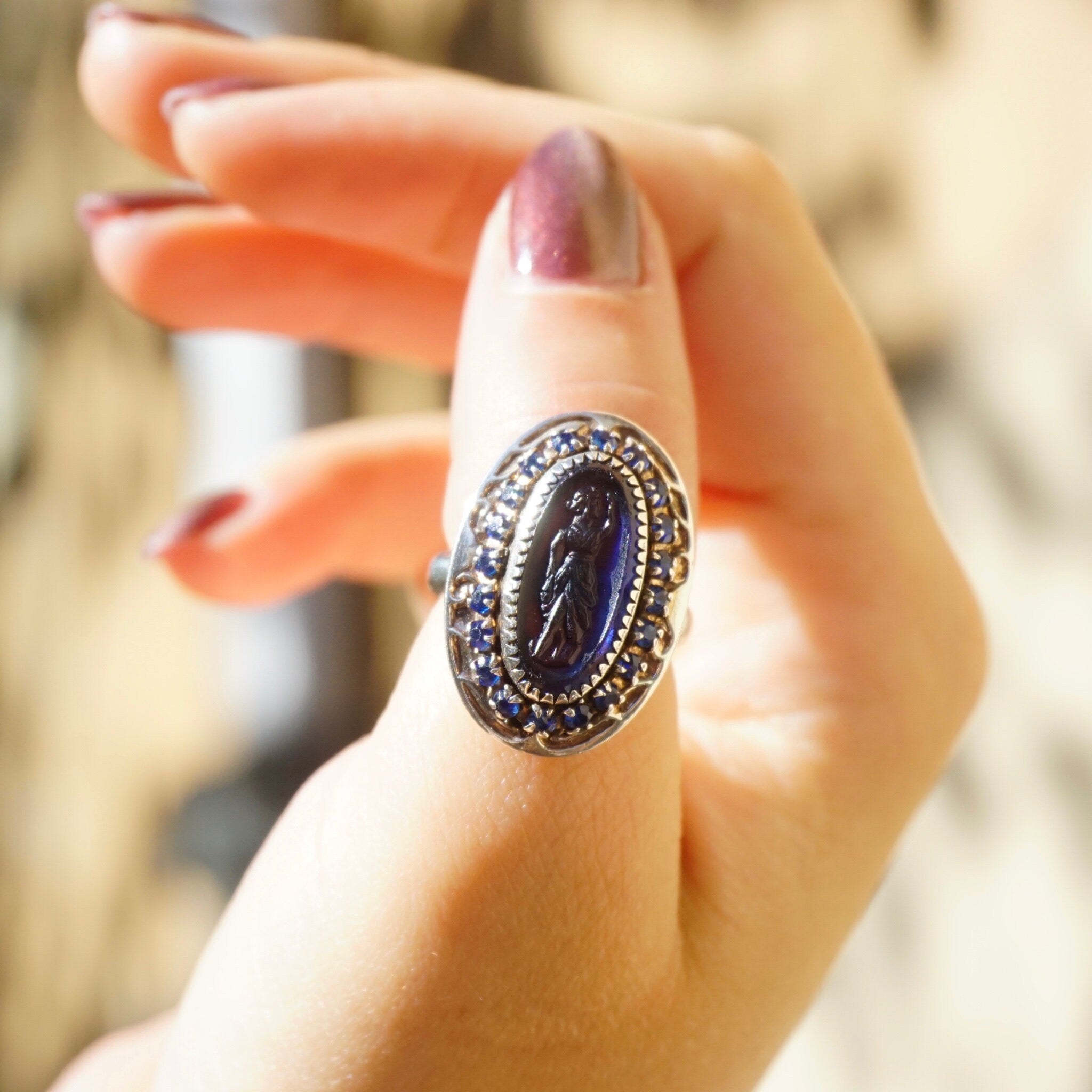 Vintage Sterling Silver Cameo Ring With Blue Stones, Unique Blue Cameo With Silver Setting and Sapphire Stones, 925 Jewelry