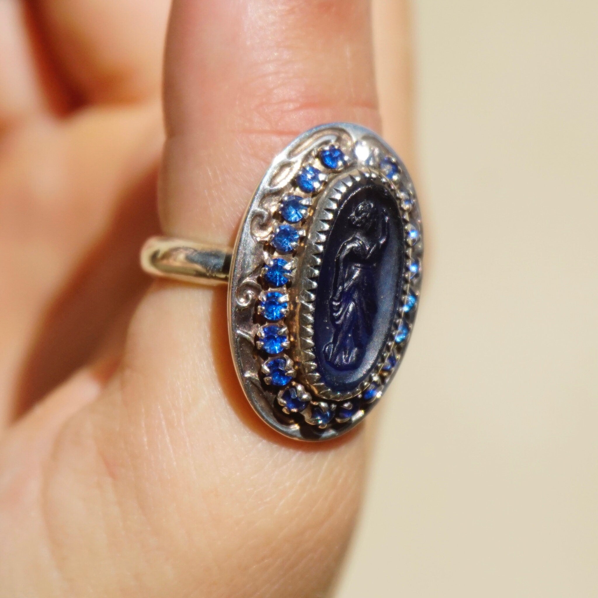 Vintage Sterling Silver Cameo Ring With Blue Stones, Unique Blue Cameo With Silver Setting and Sapphire Stones, 925 Jewelry