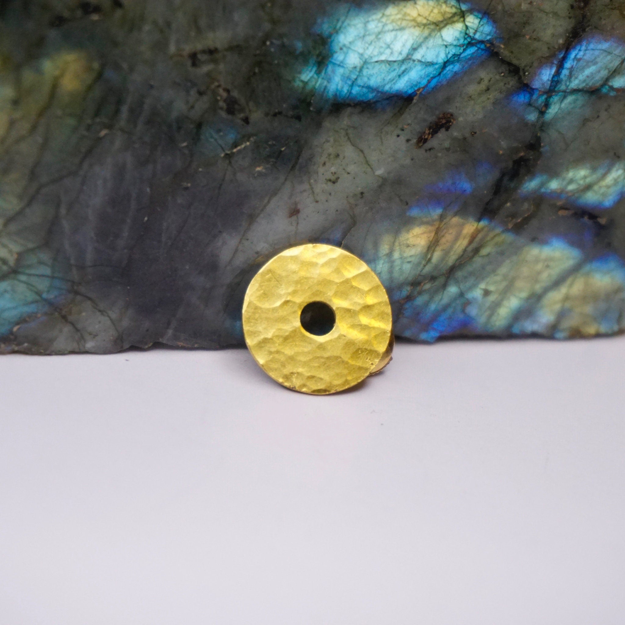 Vintage Dinh Van 22KT Gold Pin With 18KT Button Backing, Hammered Circular Gold Pin With Hole In The Center, 22KT Gold Jewelry