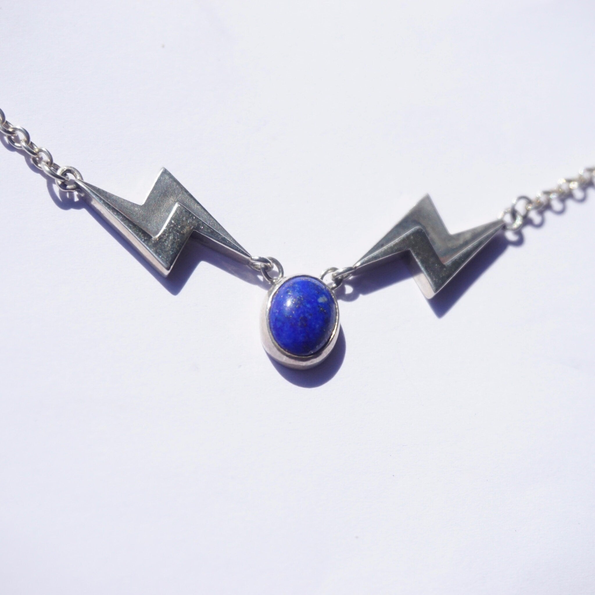 Vintage Lapis Lazuli Silver Necklace, Unique Necklace With Lapis and Silver Lightening Bolt Pendant, Lapis Stone Necklace With Silver Chain