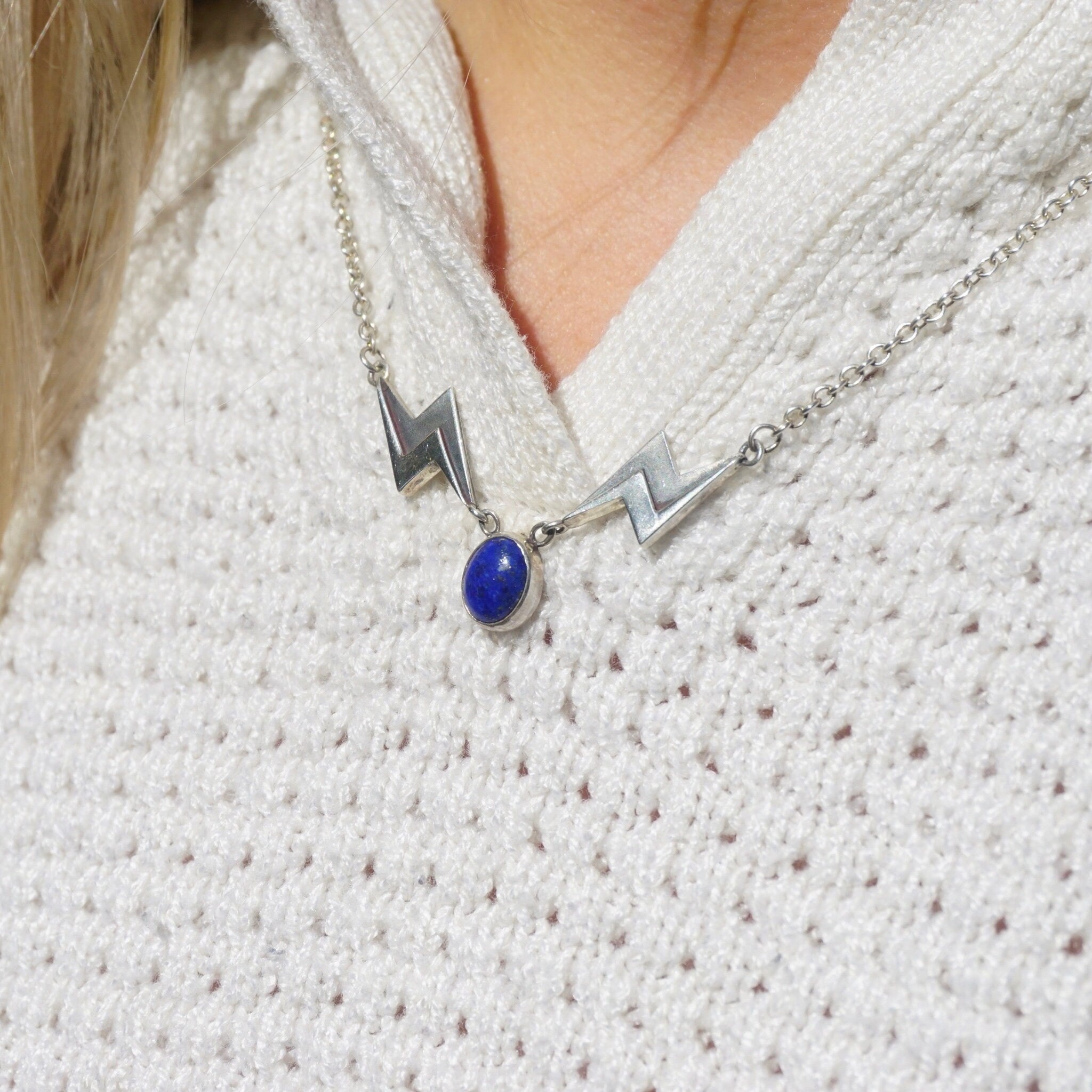 Vintage Lapis Lazuli Silver Necklace, Unique Necklace With Lapis and Silver Lightening Bolt Pendant, Lapis Stone Necklace With Silver Chain