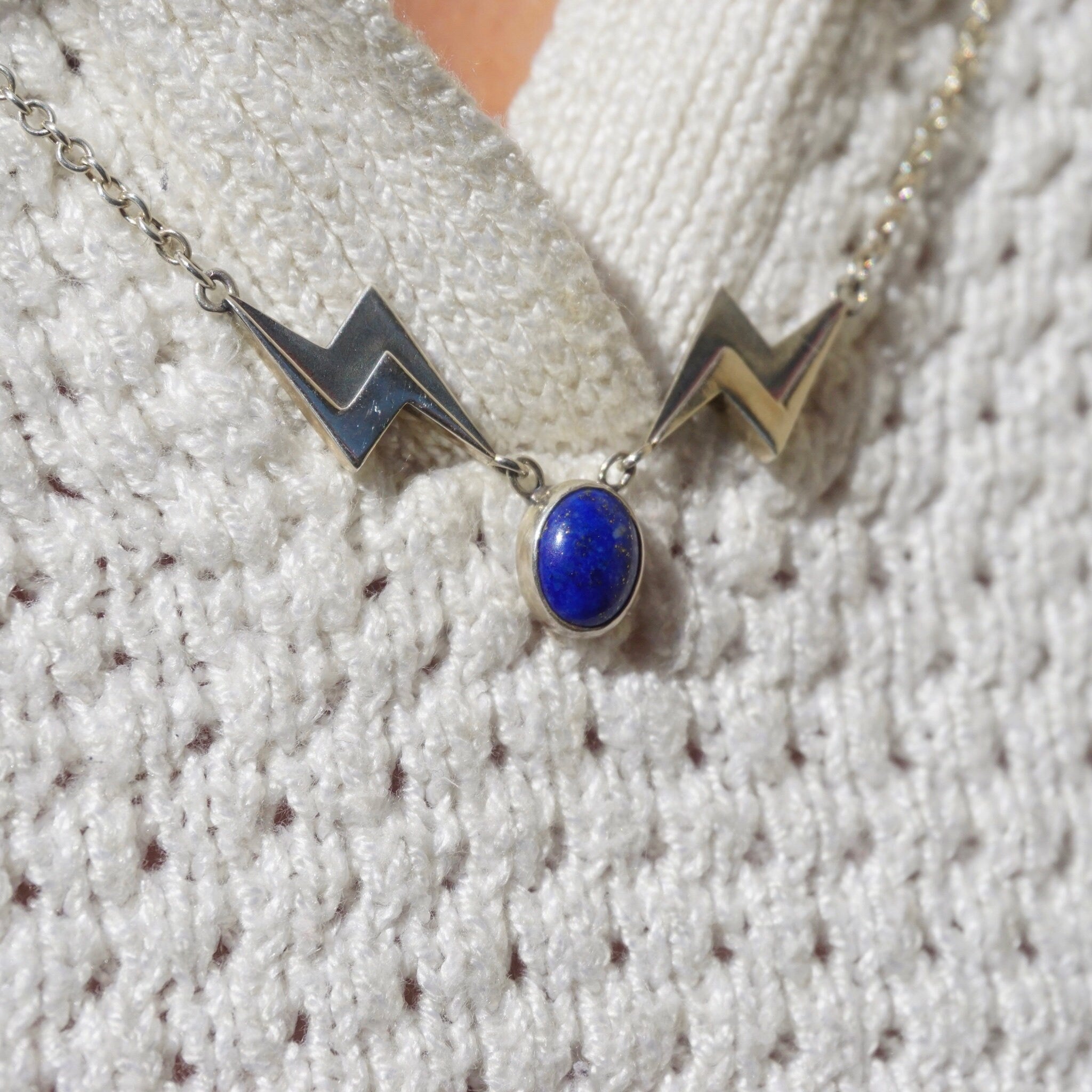 Vintage Lapis Lazuli Silver Necklace, Unique Necklace With Lapis and Silver Lightening Bolt Pendant, Lapis Stone Necklace With Silver Chain