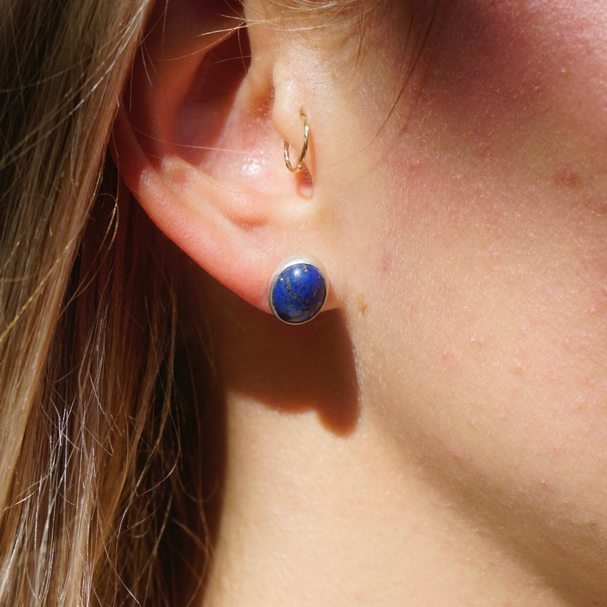 Vintage Lapis Lazuli and Sterling Silver Stud Earrings, Minimalist Blue Stud Earrings, Lapis Accent Silver Earrings, 925 Jewelry