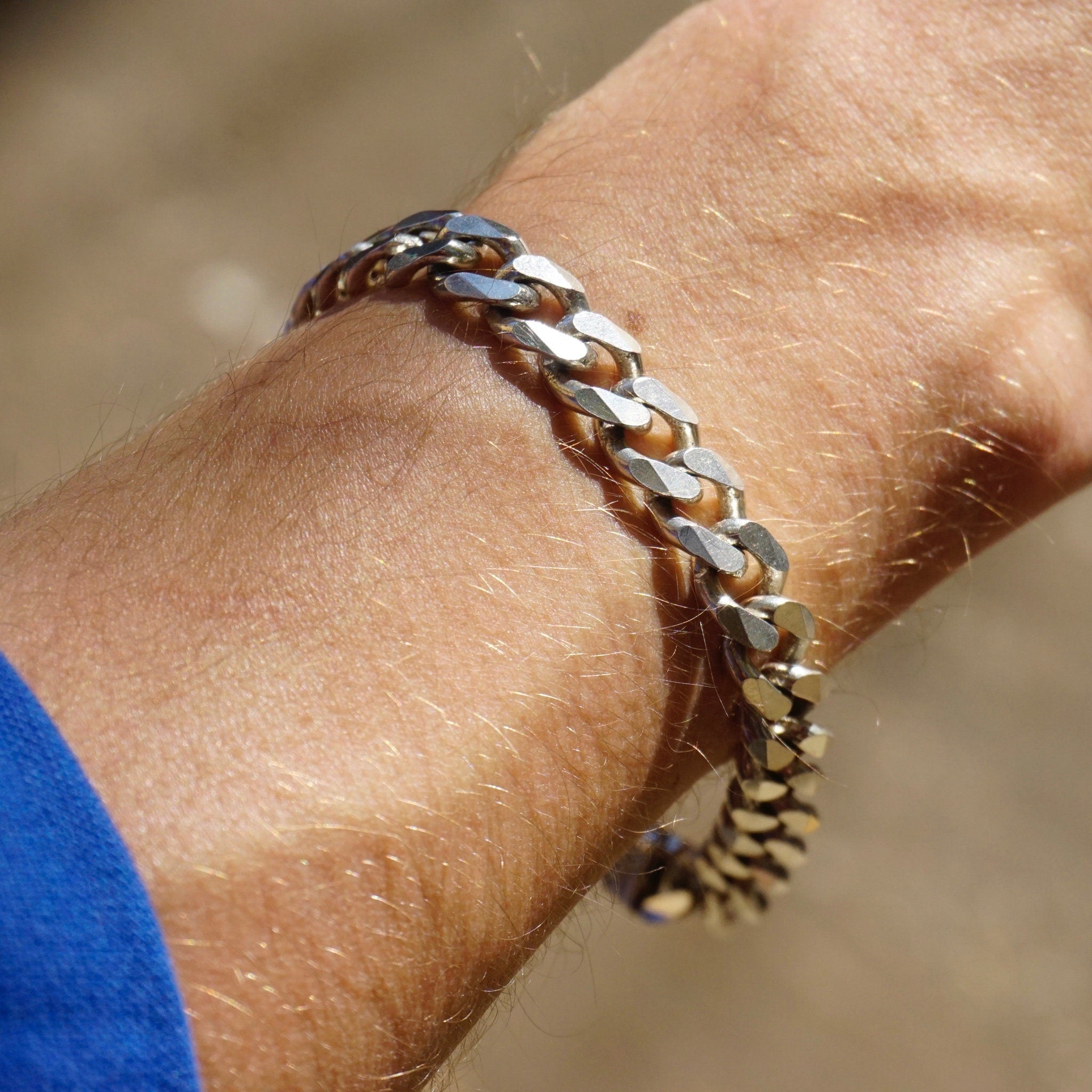 Vintage Sterling Silver Cuban Link Bracelet, Flat Curb Link Silver Bracelet, Solid Silver Bracelet Made In Italy, Large Men's Bracelet, 925