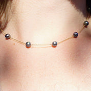 Vintage 10K Gold Tahitian Pearl Station Necklace, Pretty Black Pearl Choker With Gold Chain Links, Classic Gold and Pearl Necklace, JCM 10K