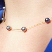 Vintage 10K Gold Tahitian Pearl Station Necklace, Pretty Black Pearl Choker With Gold Chain Links, Classic Gold and Pearl Necklace, JCM 10K