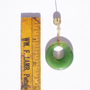 14K gold dangle earrings with green jade hoops and Chinese symbol design, vintage natural jade earrings with gold settings.