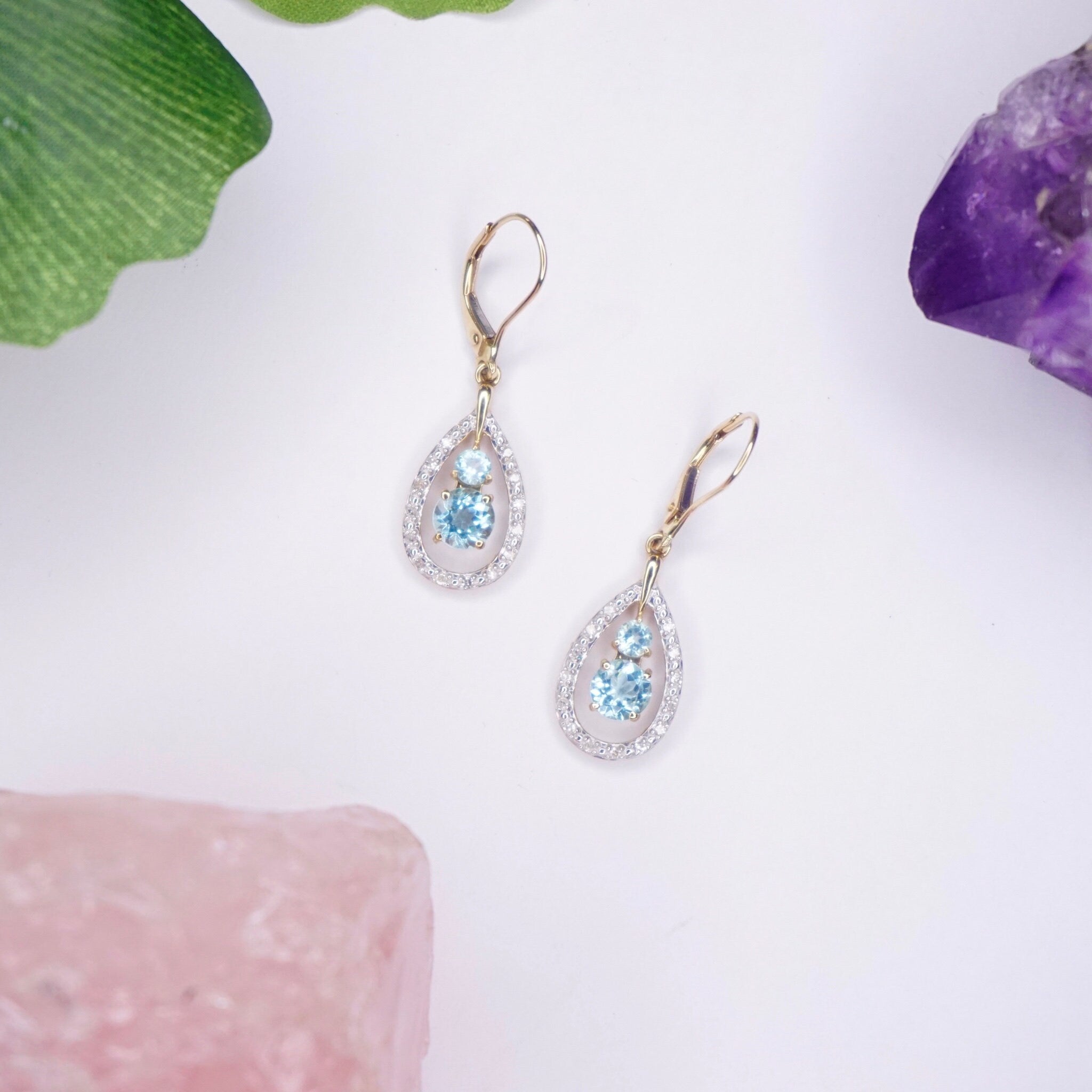 Vintage 14K Gold Tear Drop Earrings With Aquamarine and Accent Diamonds, Gold Drop Earrings With Light Blue Stone, Diamond Earrings