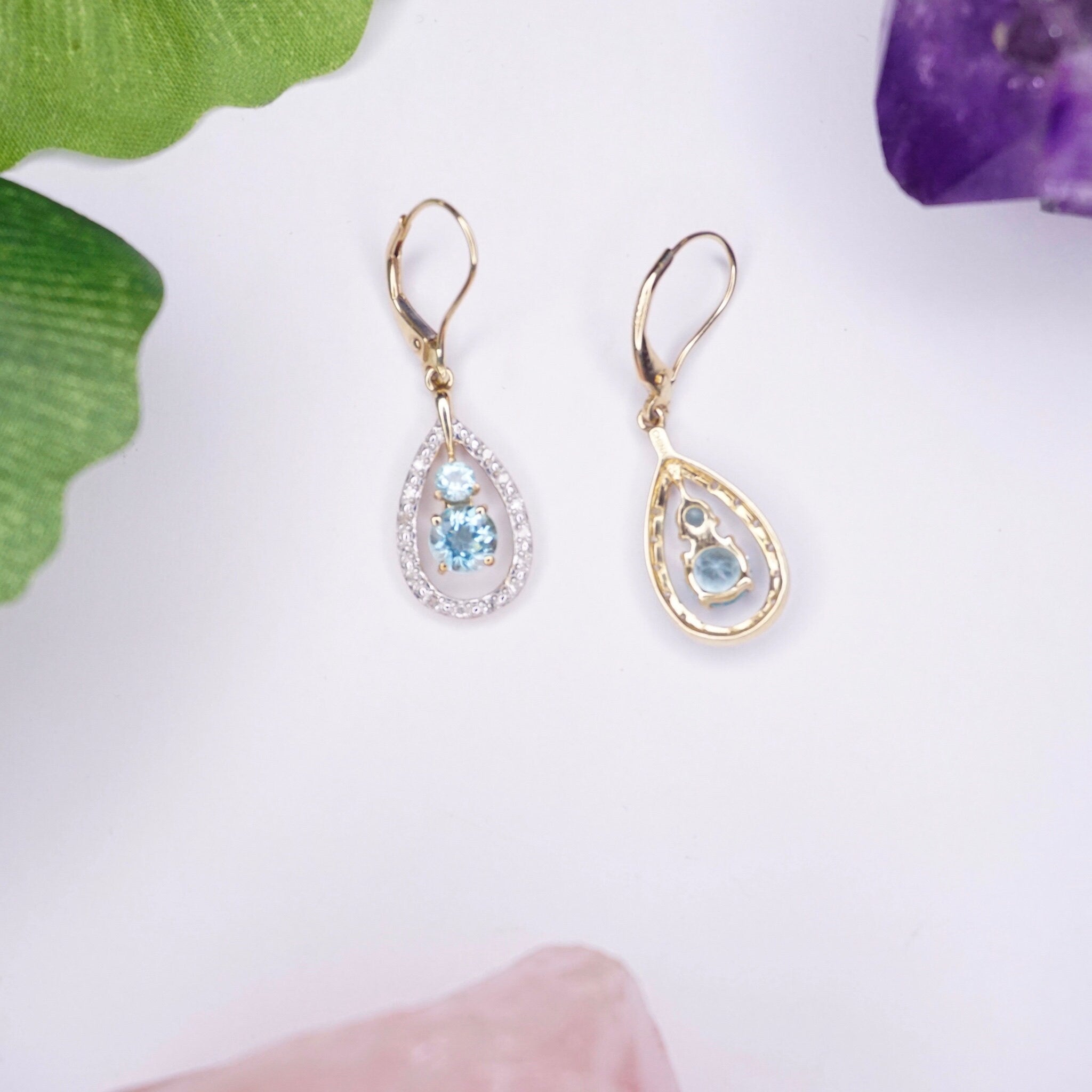 Vintage 14K Gold Tear Drop Earrings With Aquamarine and Accent Diamonds, Gold Drop Earrings With Light Blue Stone, Diamond Earrings