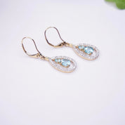 Vintage 14K Gold Tear Drop Earrings With Aquamarine and Accent Diamonds, Gold Drop Earrings With Light Blue Stone, Diamond Earrings