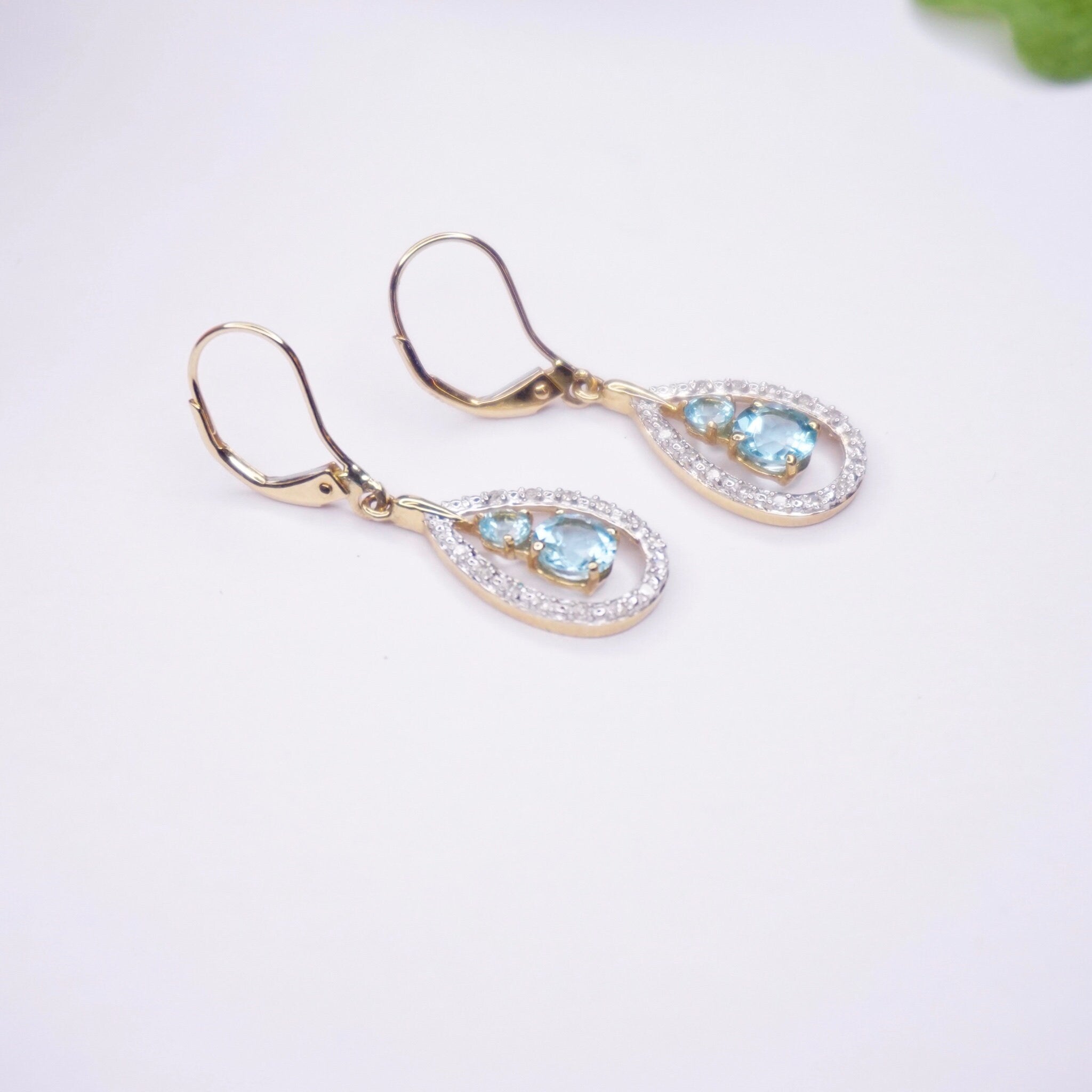 Vintage 14K Gold Tear Drop Earrings With Aquamarine and Accent Diamonds, Gold Drop Earrings With Light Blue Stone, Diamond Earrings