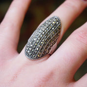 Vintage Marcasite Sterling Silver Knuckle Ring, Long Silver Ring Crusted In Marcasite, Unique Knuckle Ring With Marcasite Stones, 925
