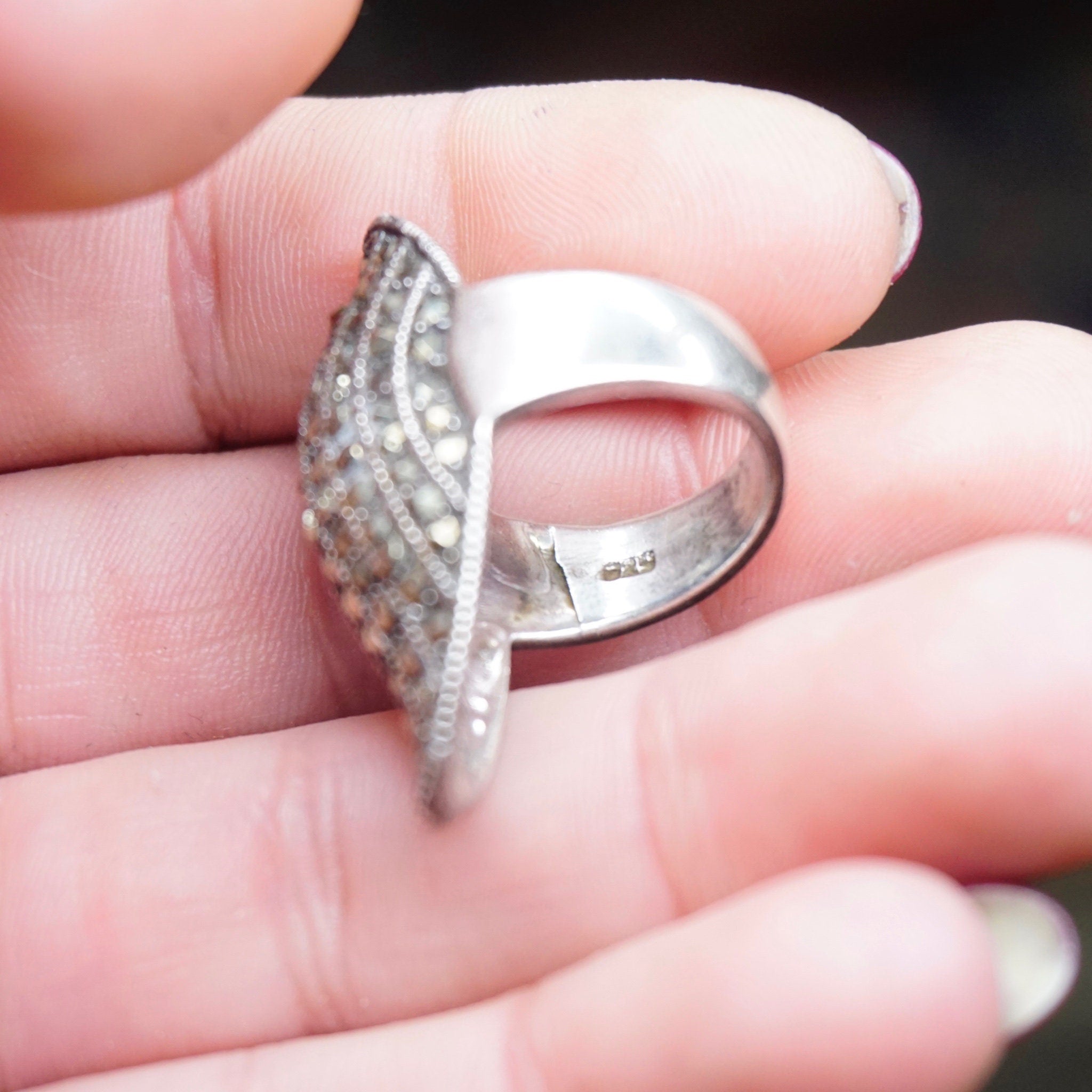 Vintage Marcasite Sterling Silver Knuckle Ring, Long Silver Ring Crusted In Marcasite, Unique Knuckle Ring With Marcasite Stones, 925
