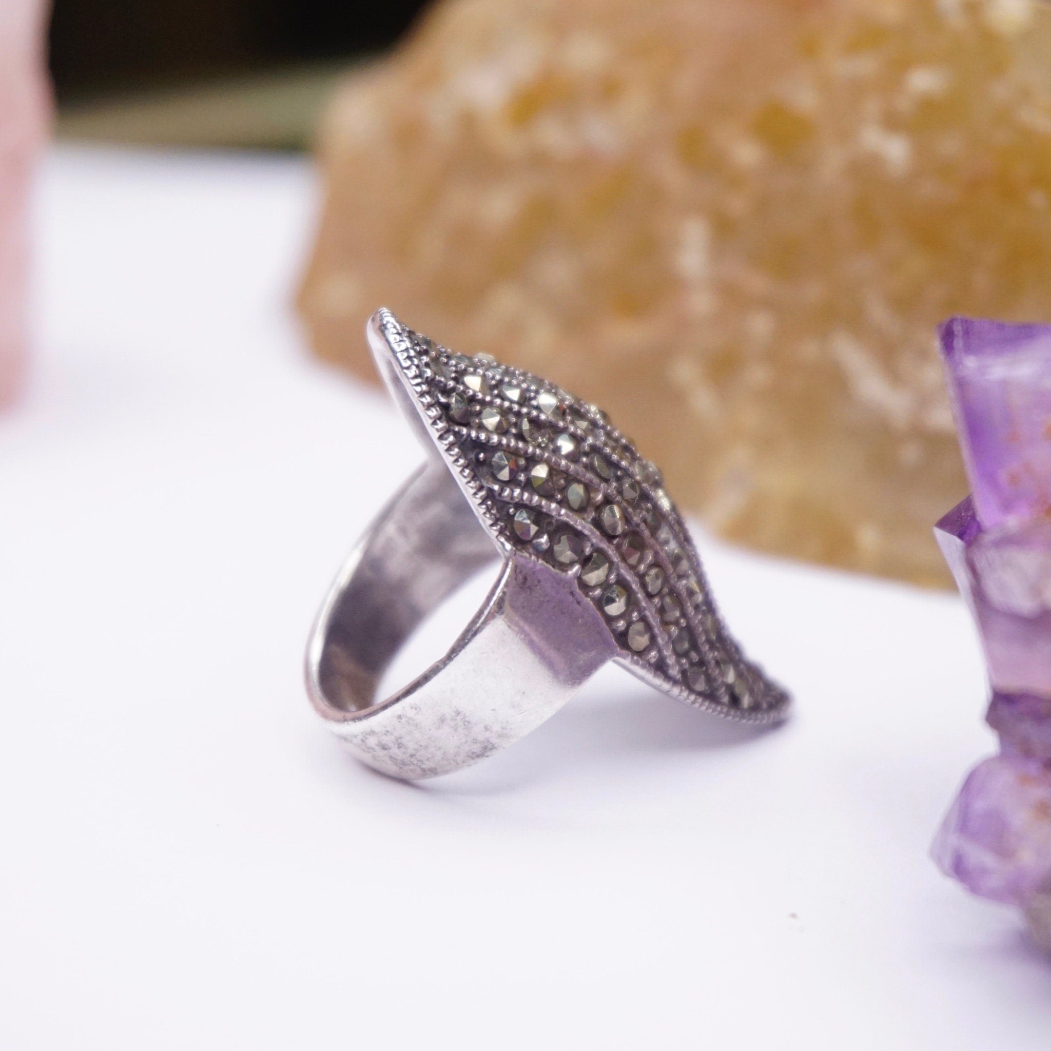 Vintage Marcasite Sterling Silver Knuckle Ring, Long Silver Ring Crusted In Marcasite, Unique Knuckle Ring With Marcasite Stones, 925