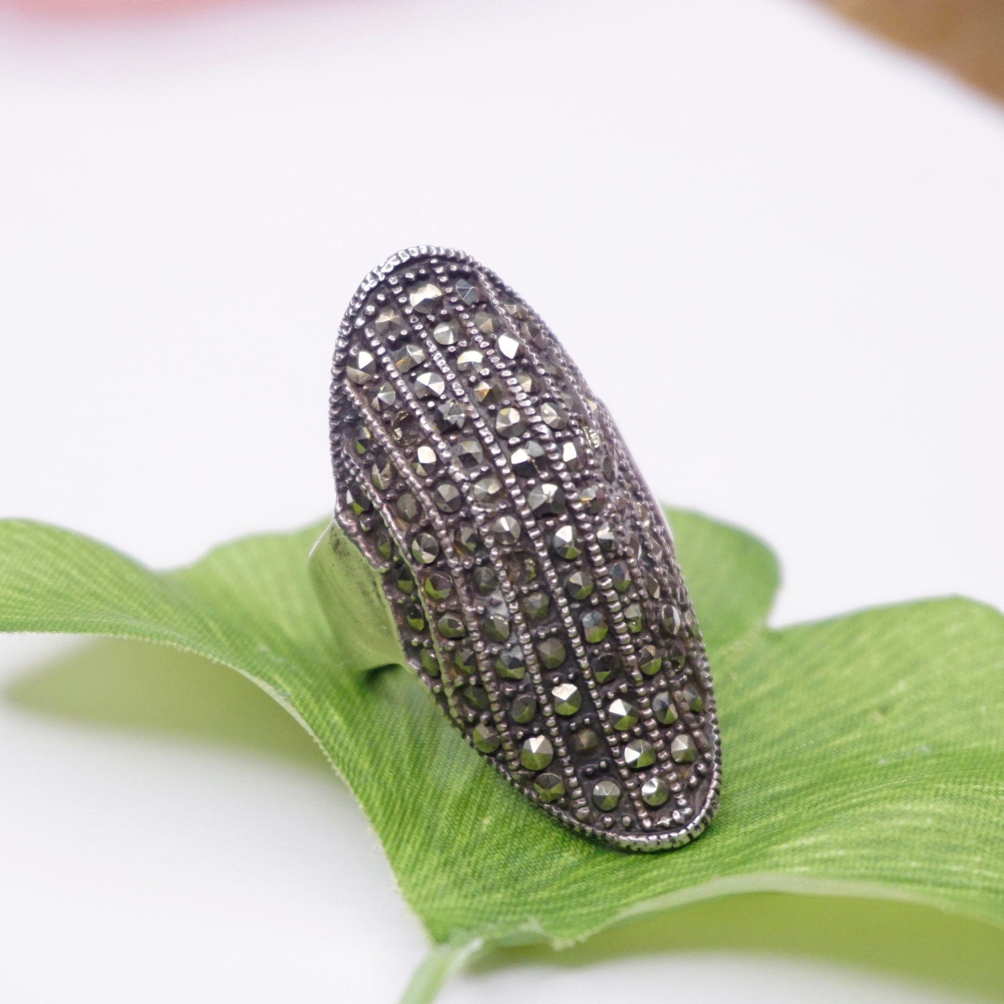 Vintage Marcasite Sterling Silver Knuckle Ring, Long Silver Ring Crusted In Marcasite, Unique Knuckle Ring With Marcasite Stones, 925