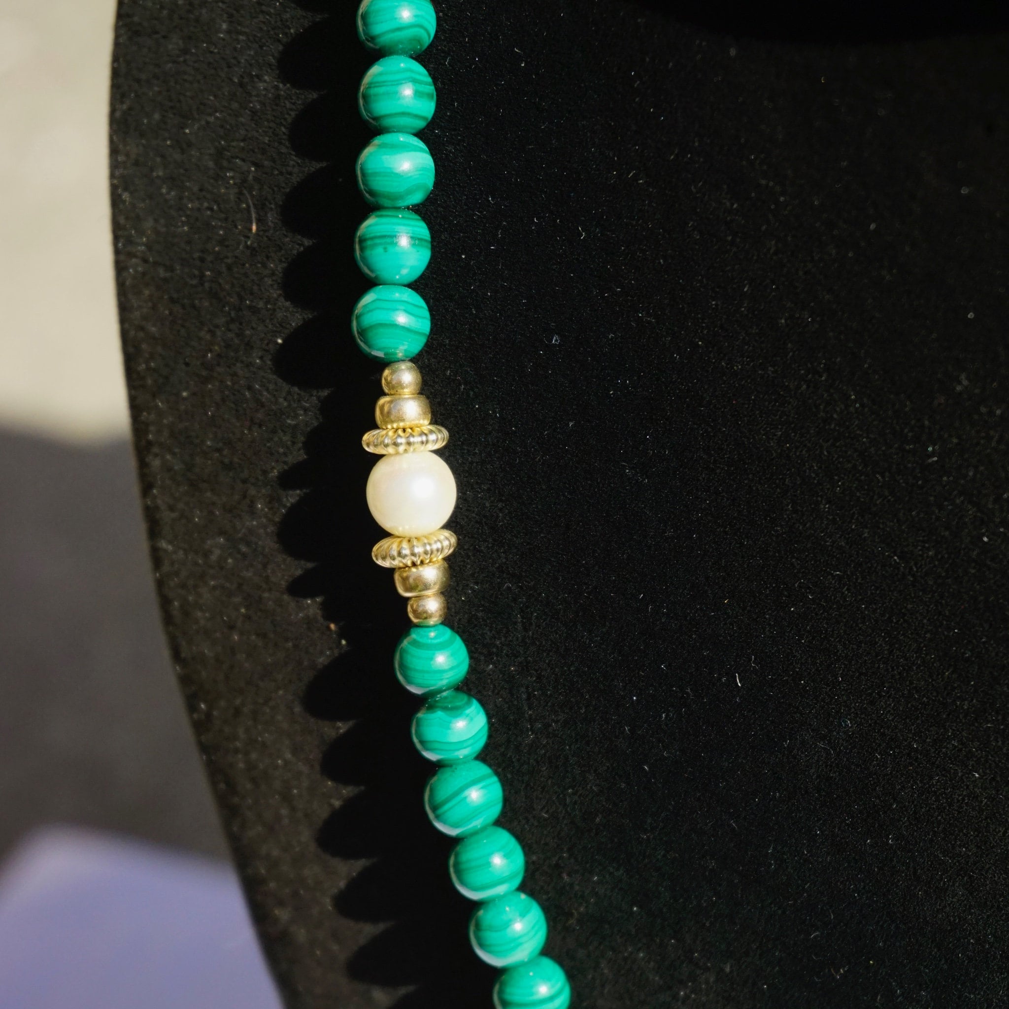 Vintage Malachite And Pearl Beaded Necklace, 14K Gold Filled Necklace With Malachite and Pearls, Long Beaded Necklace With Natural Pearls