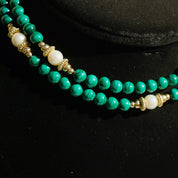Vintage Malachite And Pearl Beaded Necklace, 14K Gold Filled Necklace With Malachite and Pearls, Long Beaded Necklace With Natural Pearls