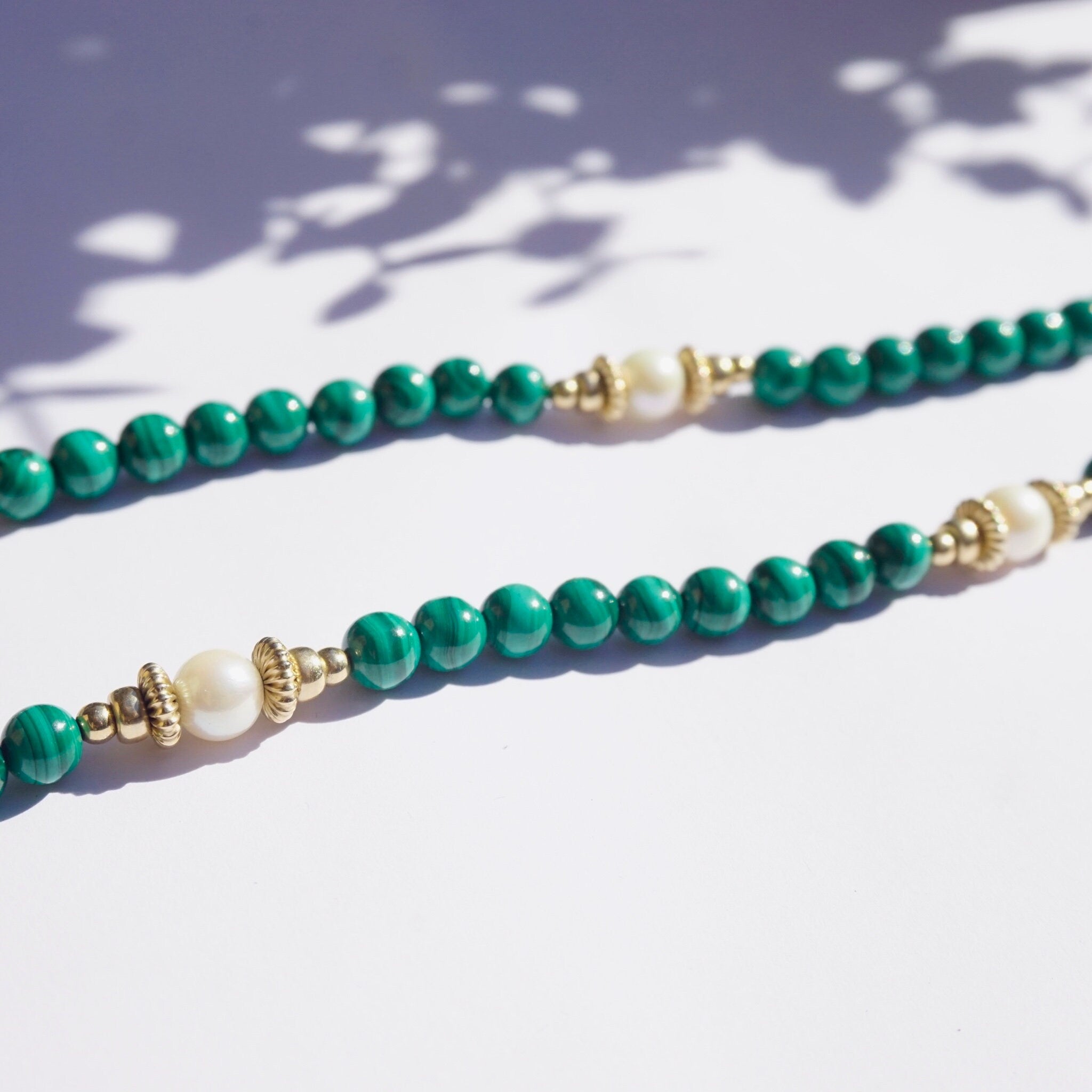 Vintage Malachite And Pearl Beaded Necklace, 14K Gold Filled Necklace With Malachite and Pearls, Long Beaded Necklace With Natural Pearls