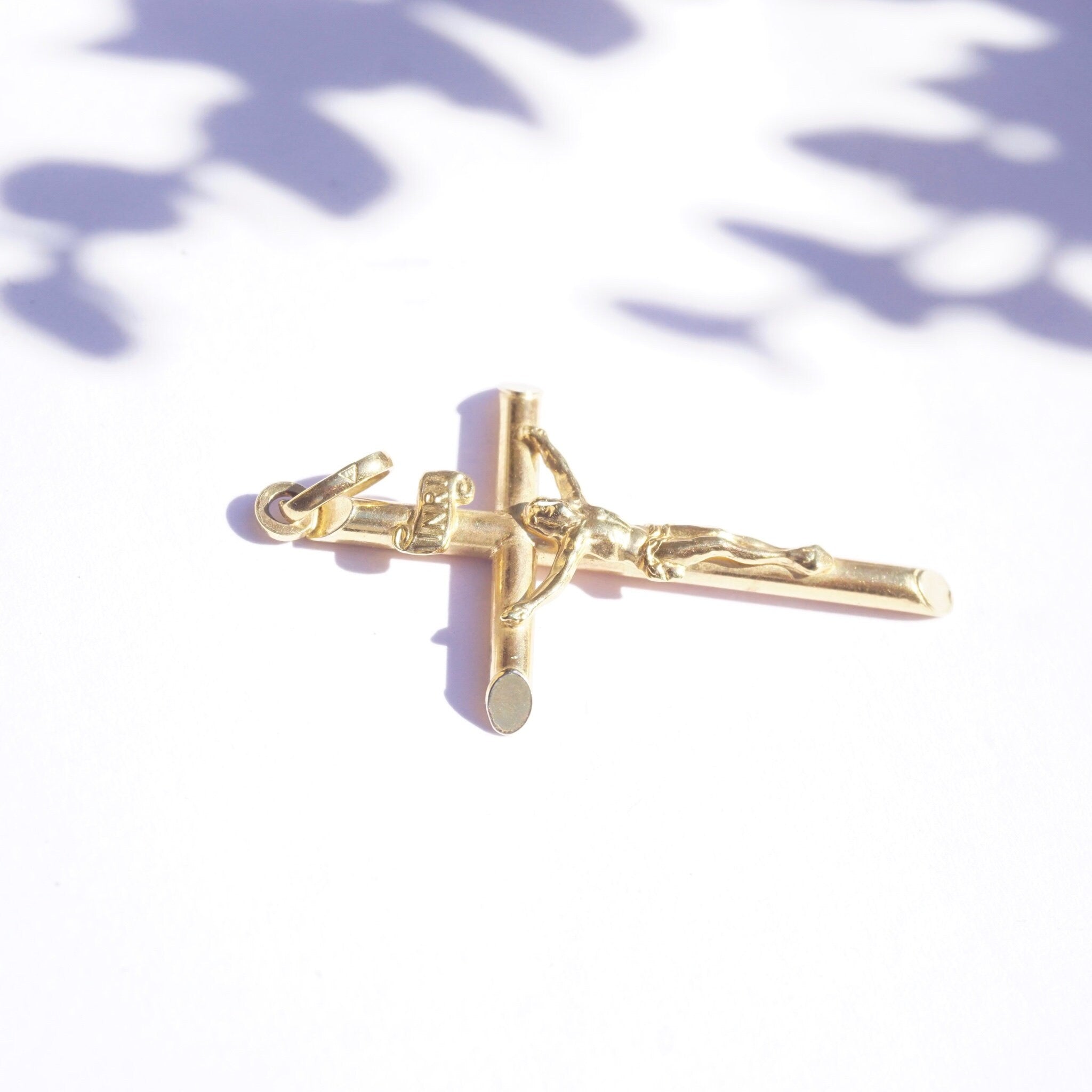 Vintage 14K yellow gold INRI crucifix pendant, an Italian-made Orthodox cross pendant for Catholic jewelry