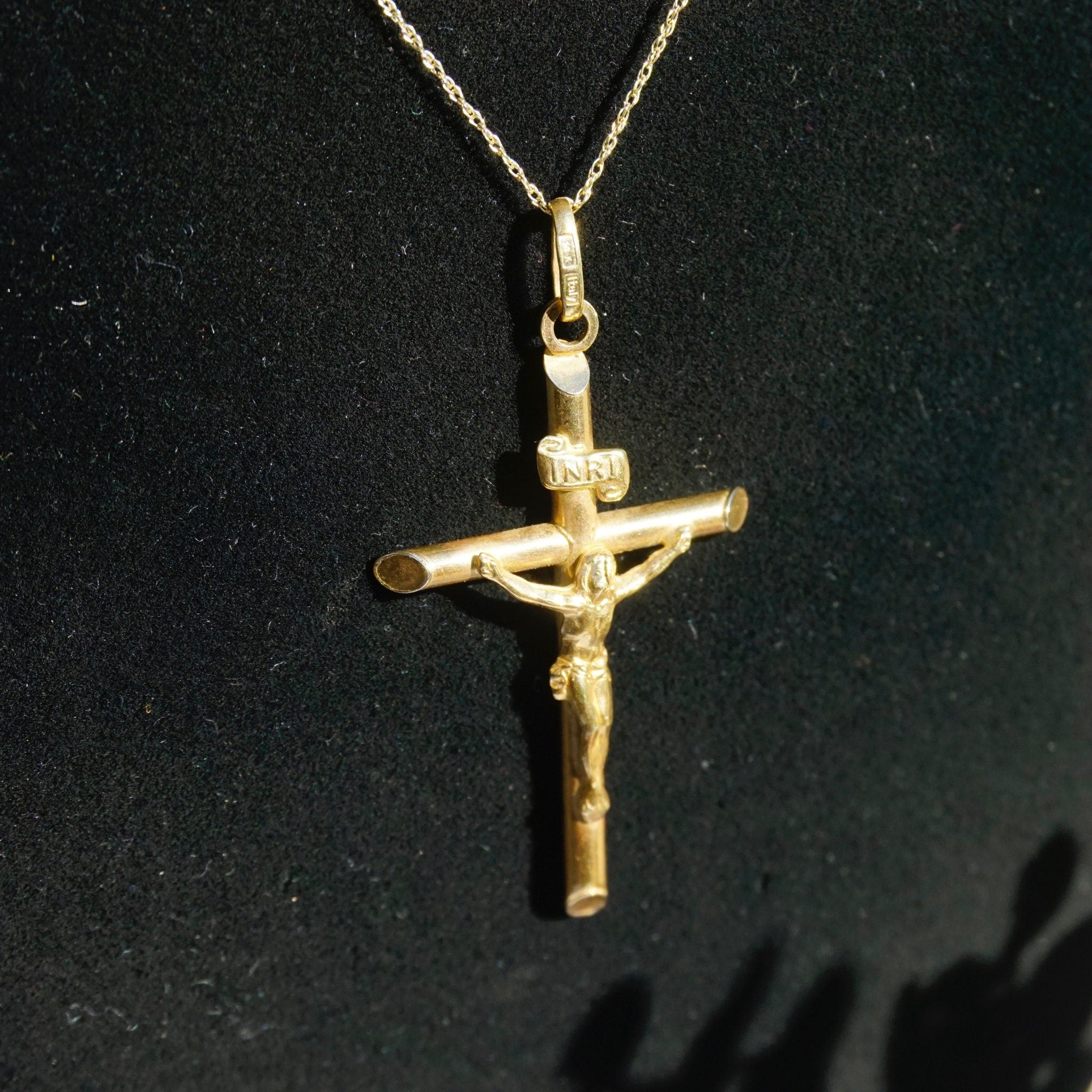 Vintage 14K yellow gold INRI crucifix pendant necklace, orthodox cross jewelry made in Italy