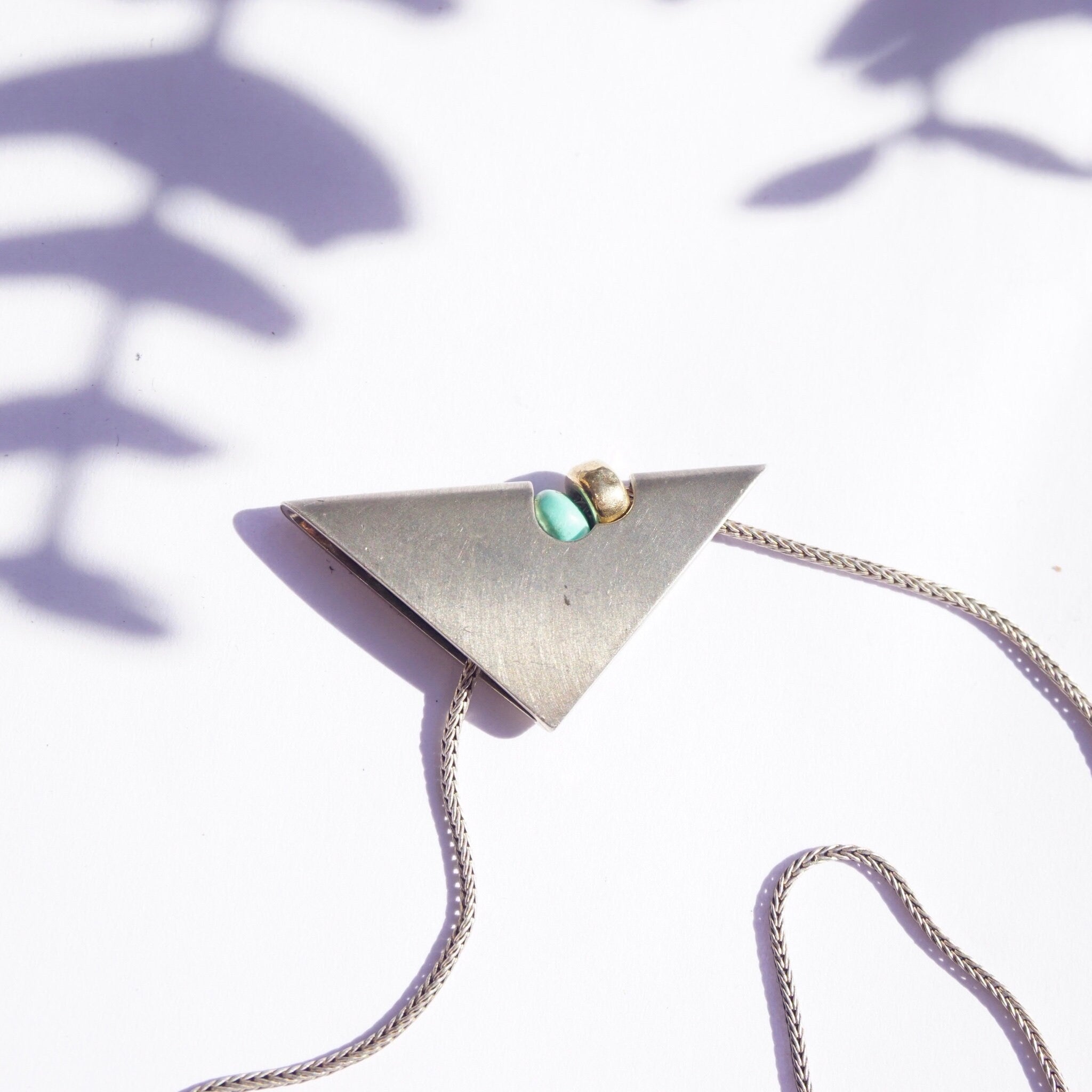 Vintage Silver Necklace With Unique Triangle Pendant, Silver Pendant With Turquoise and Gold Bead, Silver Rope Chain, Abstract Jewelry, 925
