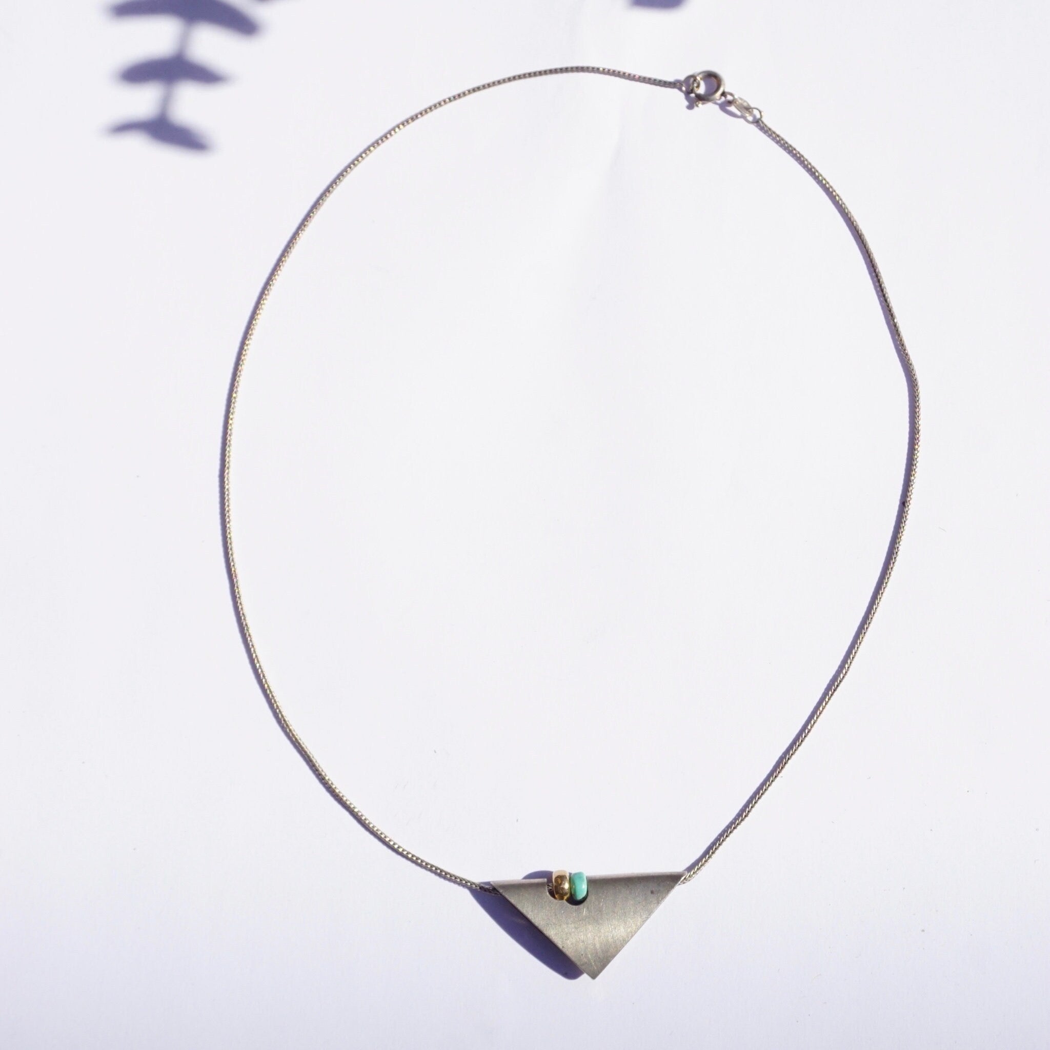Vintage Silver Necklace With Unique Triangle Pendant, Silver Pendant With Turquoise and Gold Bead, Silver Rope Chain, Abstract Jewelry, 925