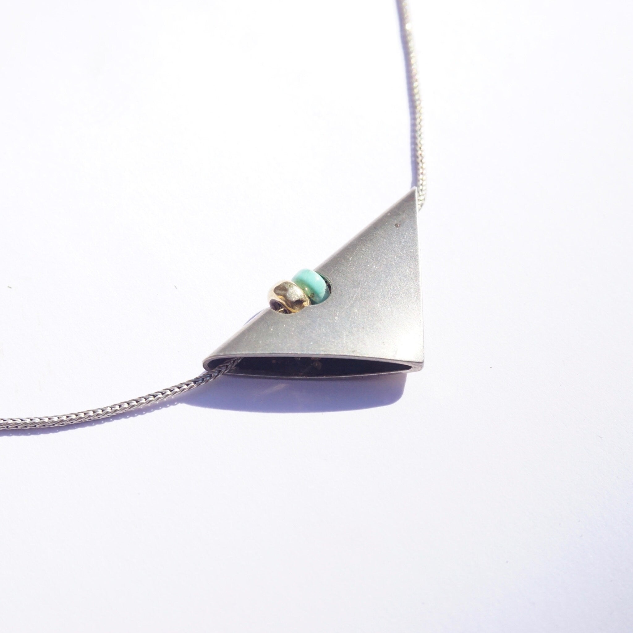 Vintage Silver Necklace With Unique Triangle Pendant, Silver Pendant With Turquoise and Gold Bead, Silver Rope Chain, Abstract Jewelry, 925