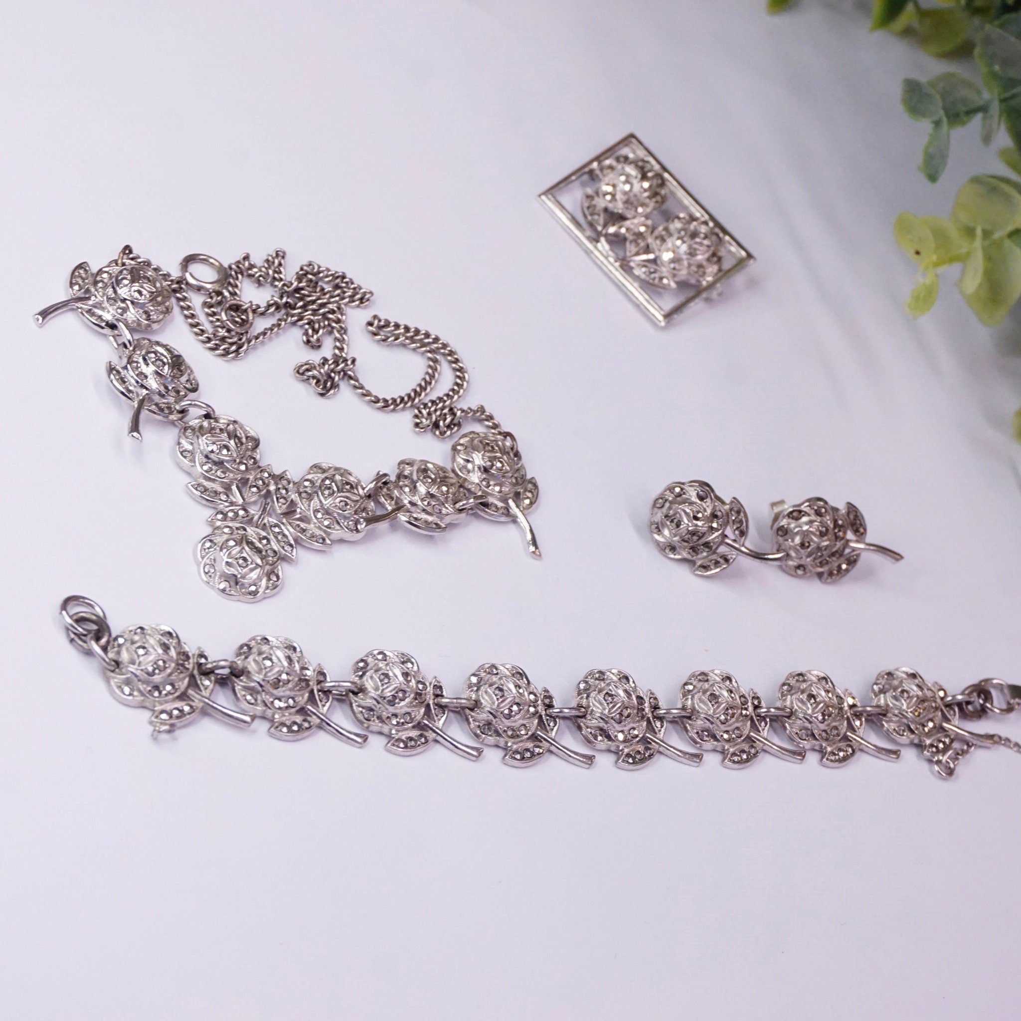 Vintage Sterling Silver and Marcasite Rose Jewelry Set, Silver Rose Flower Choker, Bracelet, Brooch, and Earrings, Marcasite Jewelry