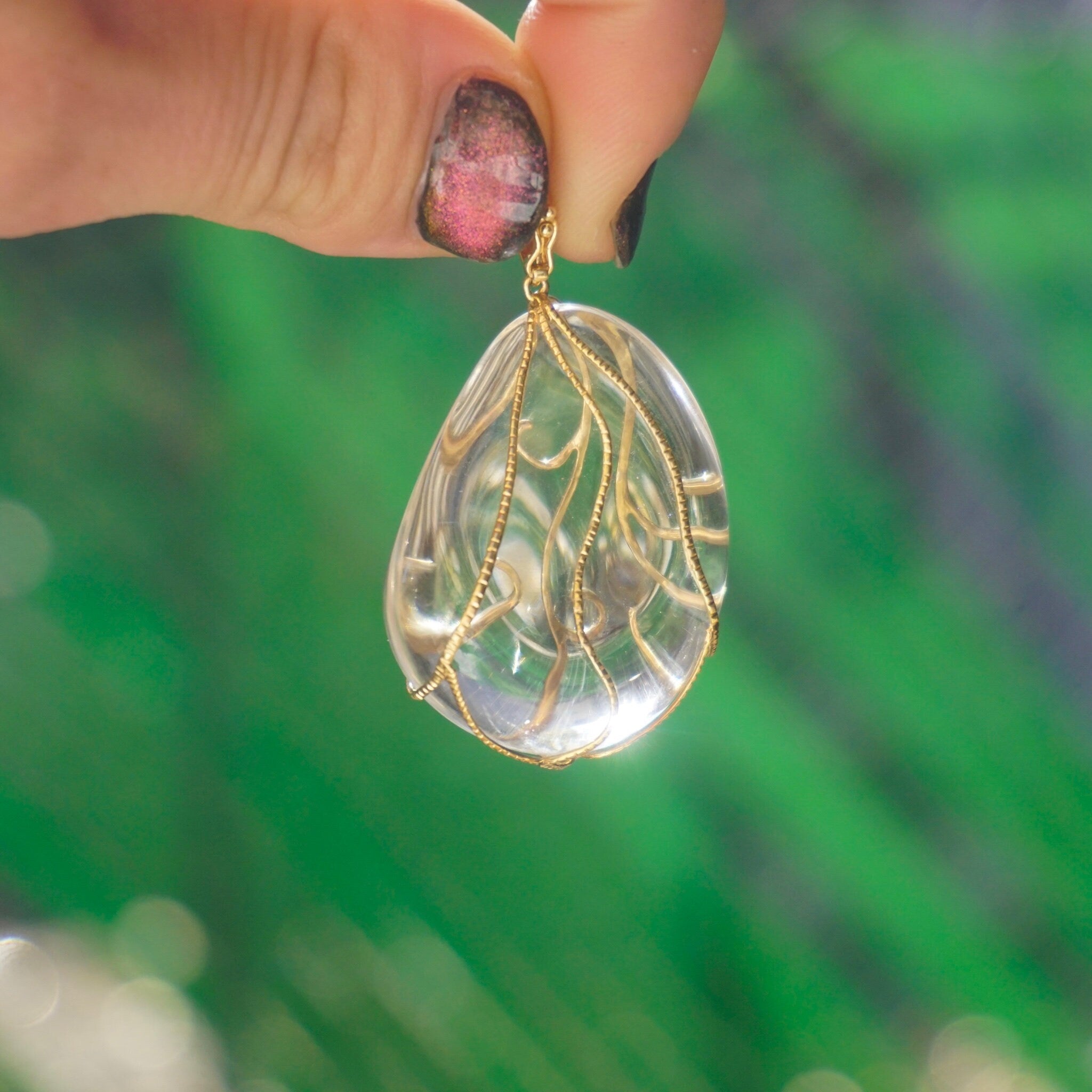 Vintage 14K Gold and Glass Pendant, Art Nouveau Glass Pendant With Gold Details, Gold Wrapped Glass Pendant, Abstract Gold Pendant