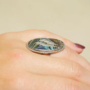Vintage Sterling Silver Abalone Ring With Lightening Bolts, Oval Abalone Shell Ring With Silver Details, Made In Mexico Silver Ring, 925