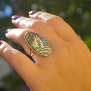 Vintage Sterling Silver Abalone Ring With Lightening Bolts, Oval Abalone Shell Ring With Silver Details, Made In Mexico Silver Ring, 925