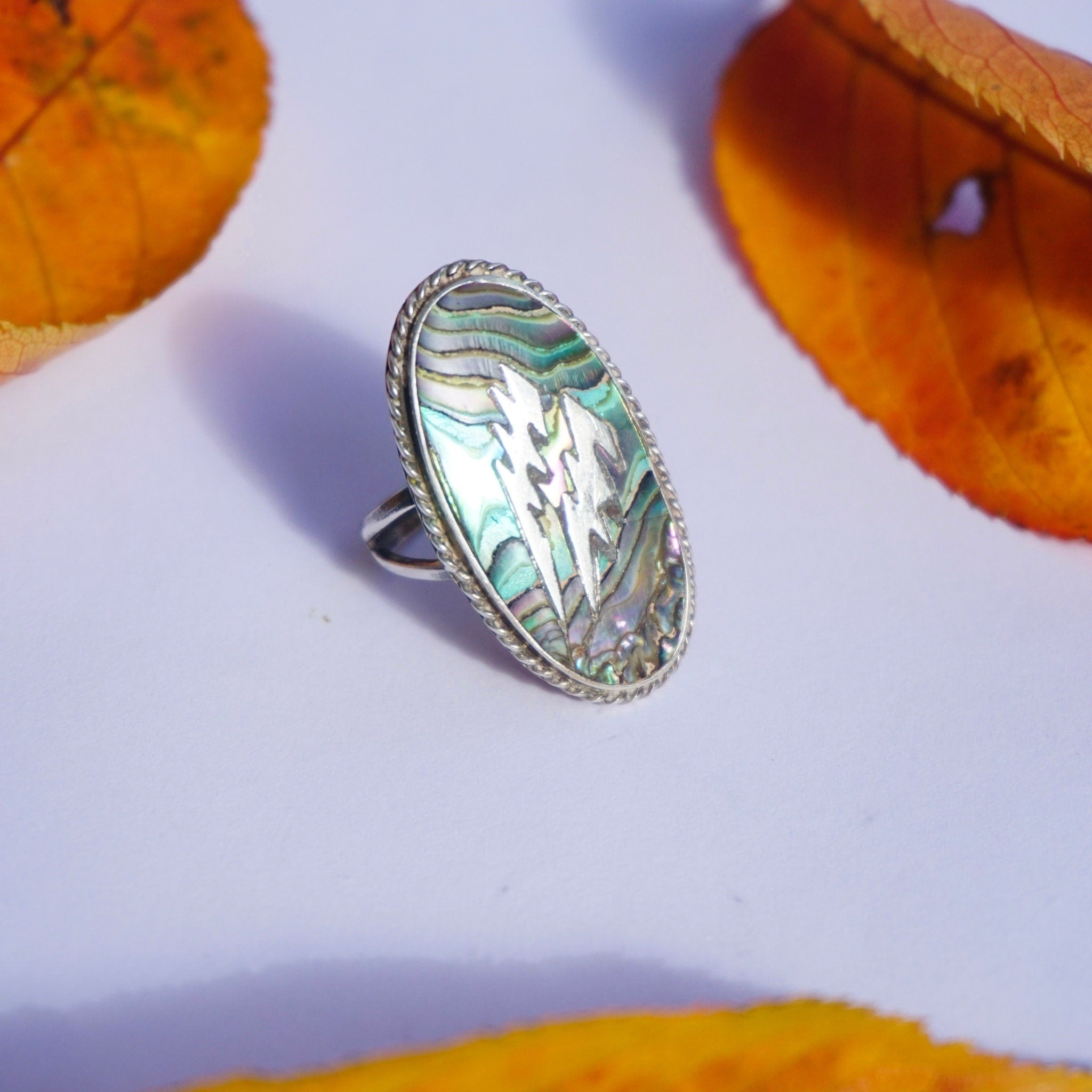Vintage Sterling Silver Abalone Ring With Lightening Bolts, Oval Abalone Shell Ring With Silver Details, Made In Mexico Silver Ring, 925