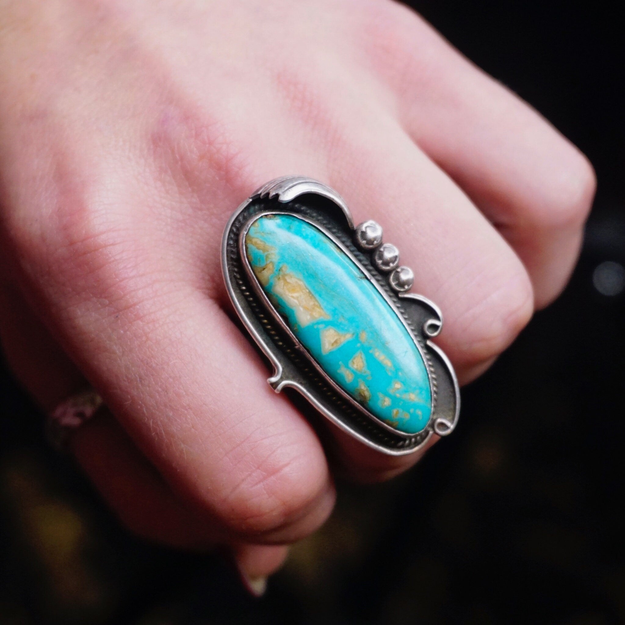 Vintage Turquoise And Sterling Silver Ring, Large Turquoise Stone Ring, Long Finger Silver Ring With Natural Turquoise Stone, 925 Jewelry