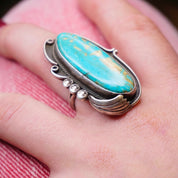 Vintage Turquoise And Sterling Silver Ring, Large Turquoise Stone Ring, Long Finger Silver Ring With Natural Turquoise Stone, 925 Jewelry