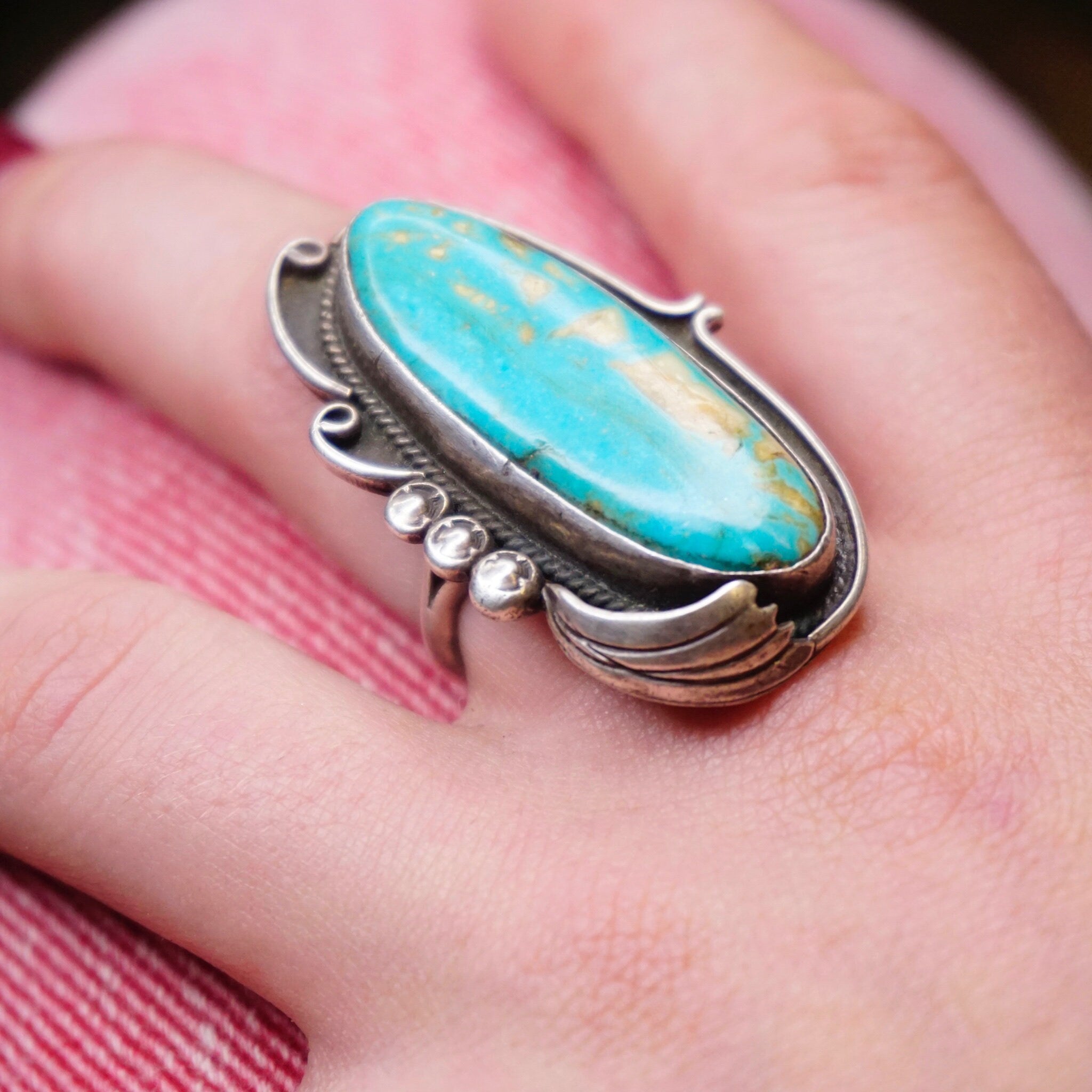 Vintage Turquoise And Sterling Silver Ring, Large Turquoise Stone Ring, Long Finger Silver Ring With Natural Turquoise Stone, 925 Jewelry